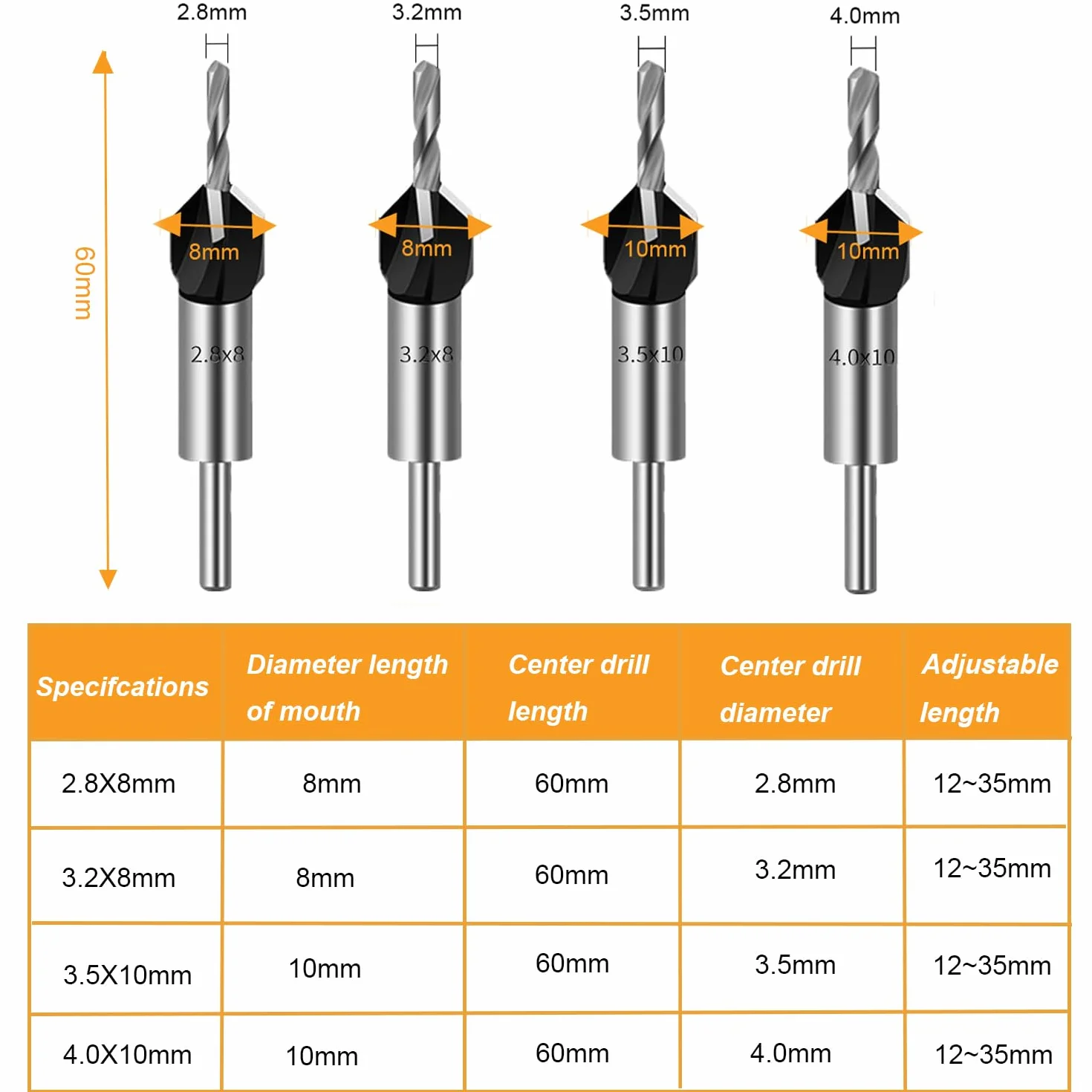 Zestaw Wierteł Stożkowych 6szt, HSS Countersink Drill Bits do Drewna, Profesjonalne Wiertła do Zagłębień z Regulowanym Ogranicznikiem Głębokości z Sześciokątnym Trzonkiem 1/4" do Obróbka Drewna