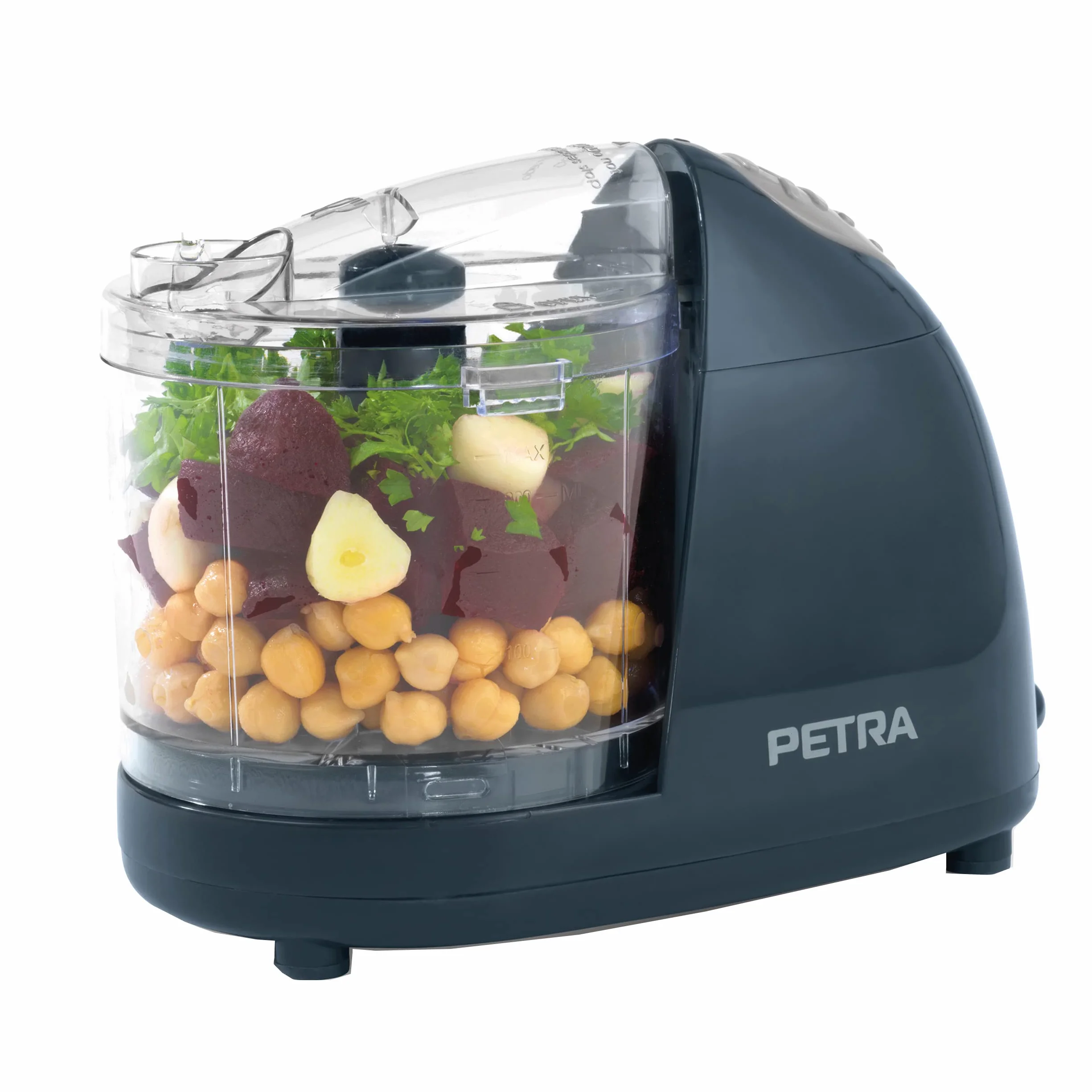 Petra PT2182HEVDEEU10 Minirozdrabniacz Pro, odlaczane ostrze ze stali nierdz., 350 ml, przezroczysta misa, obsluga jednym przyciskiem, latwe czyszczenie, siekanie orzechów, owoców i warzyw, 150 W