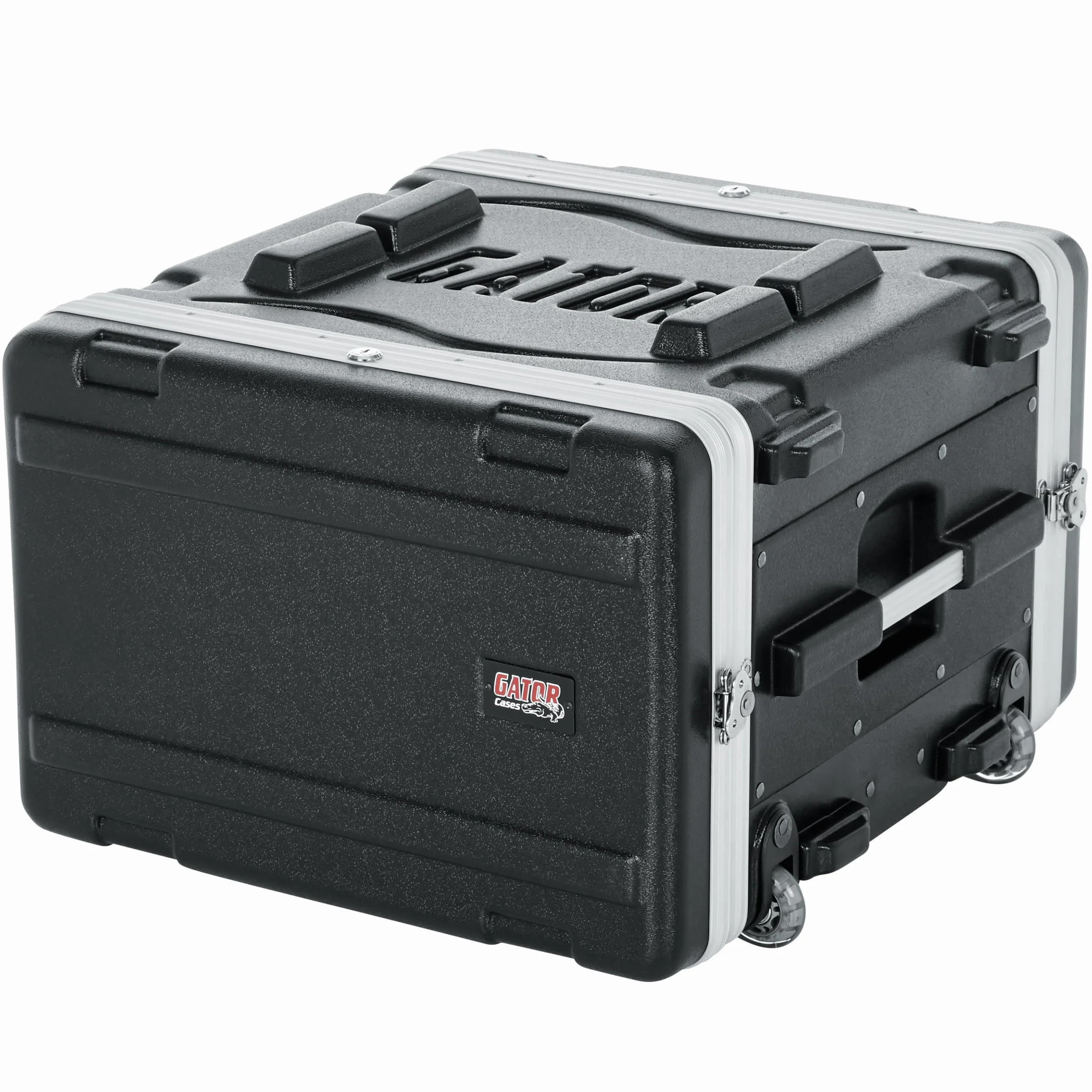 Gator Formowana obudowa PE 6U 48.9 cm z przednimi/tylnymi szynami/uchwytem do ciągnięcia/wpuszczanymi kółkami i blokadą