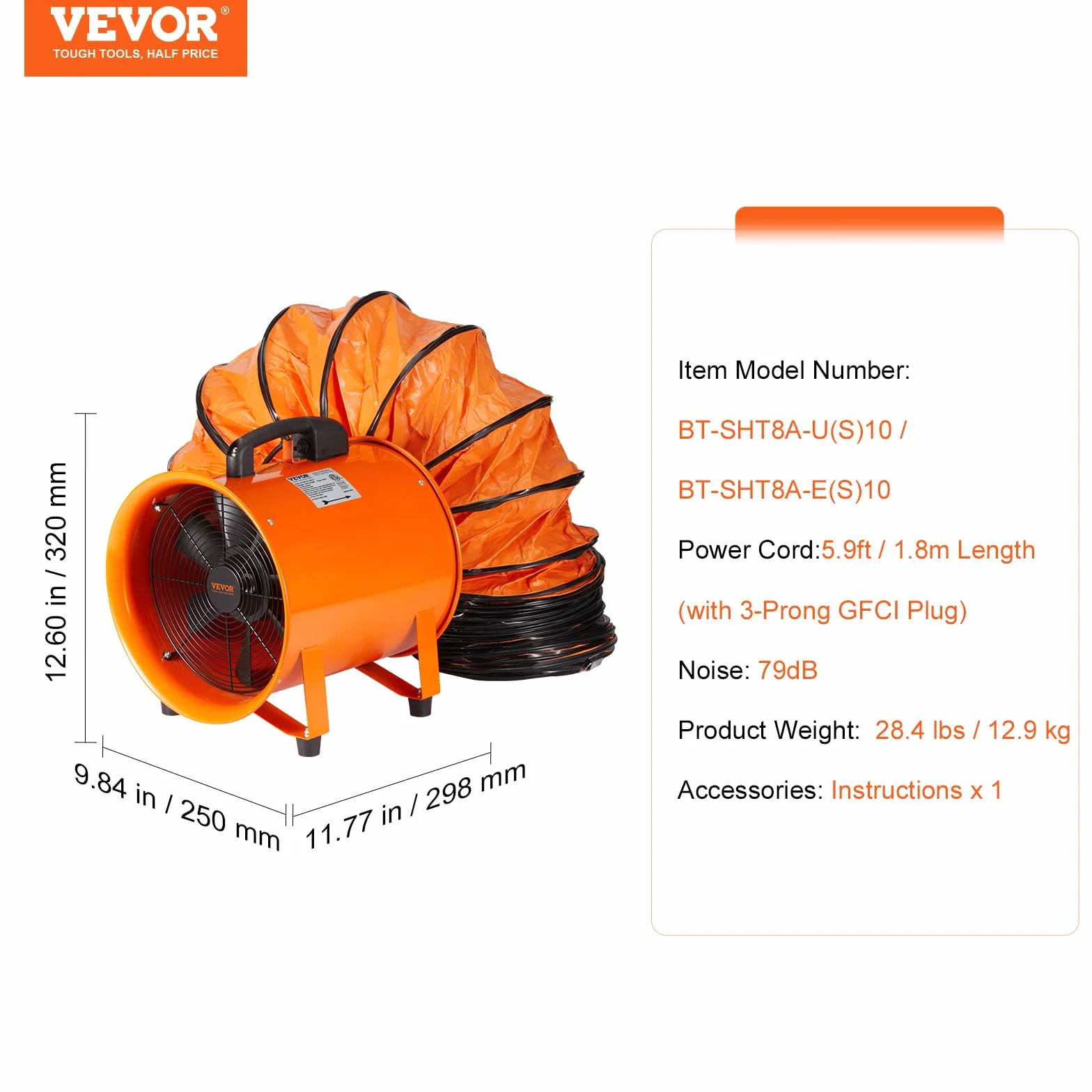 VEVOR Wentylator wyciągowy 145 W Przemysłowy Wyciąg Powietrza 203 mm Wąż wyciągowy 10 m objętość powietrza 1733 m3/h Wentylator spustowy powietrza do wyciągania kurzu dymu w domu pracy