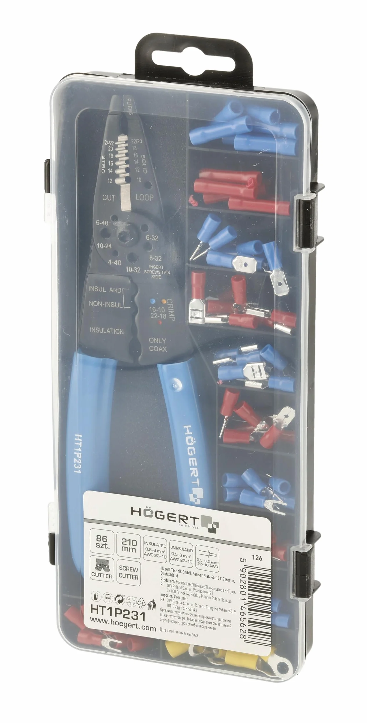 Högert Technik - Szczypce zaciskowe 0,5 – 6 mm2 do końcówek kablowych z izolacją + łącznikiem, 86 sztuk, ze stali węglowej