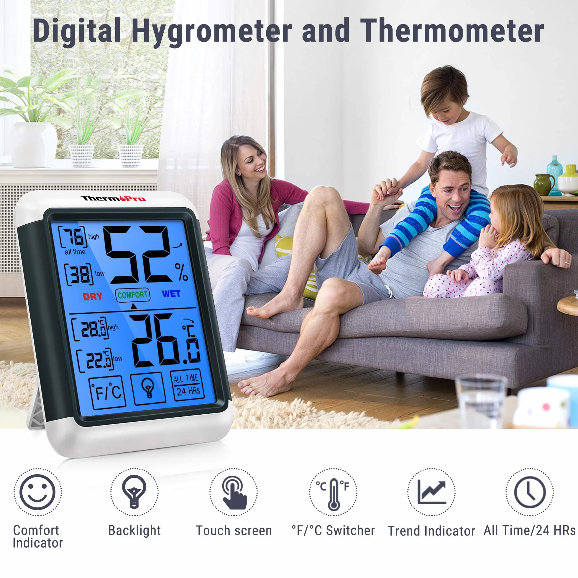 ThermoPro TP55 Cyfrowy termometr pokojowy Monitor temperatury i wilgotności z 24-godzinnymi zapisami wartości maksymalnej i minimalnej temperatury i wilgotności z dużym podświetlanym ekranem dotykowym