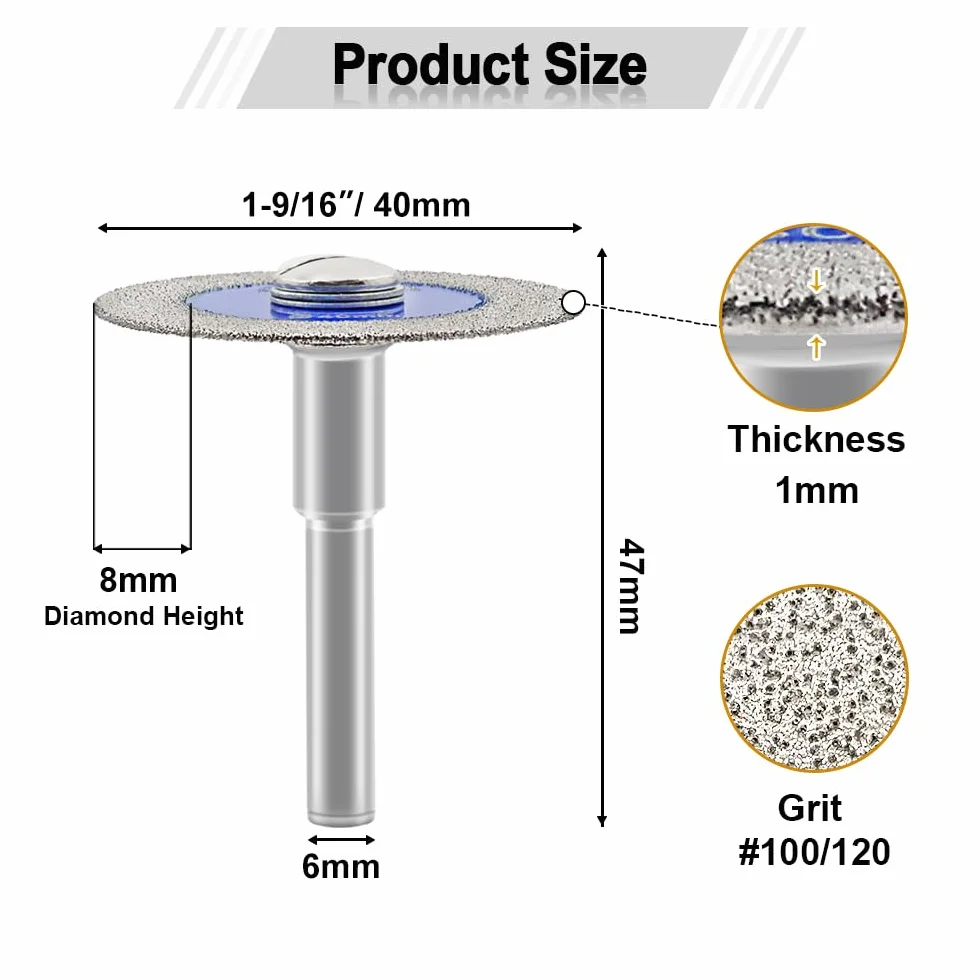 SHDIATOOL Diamentowa tarcza do cięcia szkła, 2 szt., 40 mm, mini diamentowe brzeszczoty do piły z 1 trzpieniem 6 mm, do płytek, ceramiki, porcelany, marmuru, granitu, sztucznego kamienia, na wiertarce