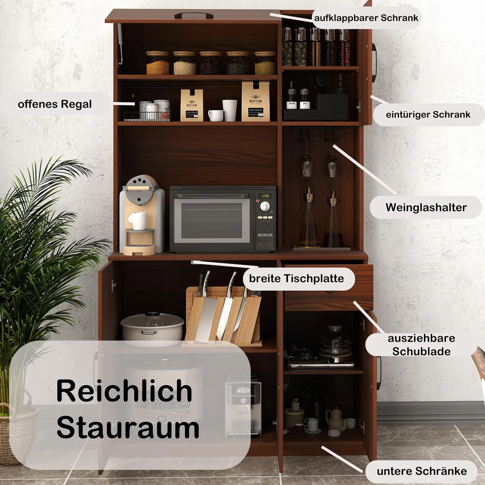 COSTWAY Drewniana szafka kuchenna, kredens z gniazdkami i portami USB i typu C, wysoka szafka z regulowanymi półkami i szufladą, do kuchni i salonu, brązowa, 90 x 39 x 167 cm