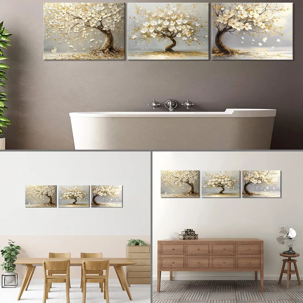 Piy Painting Obraz ścienny na płótnie, stare drzewa, obraz dekoracyjny, biały kwiat, plakat artystyczny, łatwy do zawieszenia do sypialni, salonu, kawiarni, studia jogi, 3 panele 58 x 40 cm/174 x 40