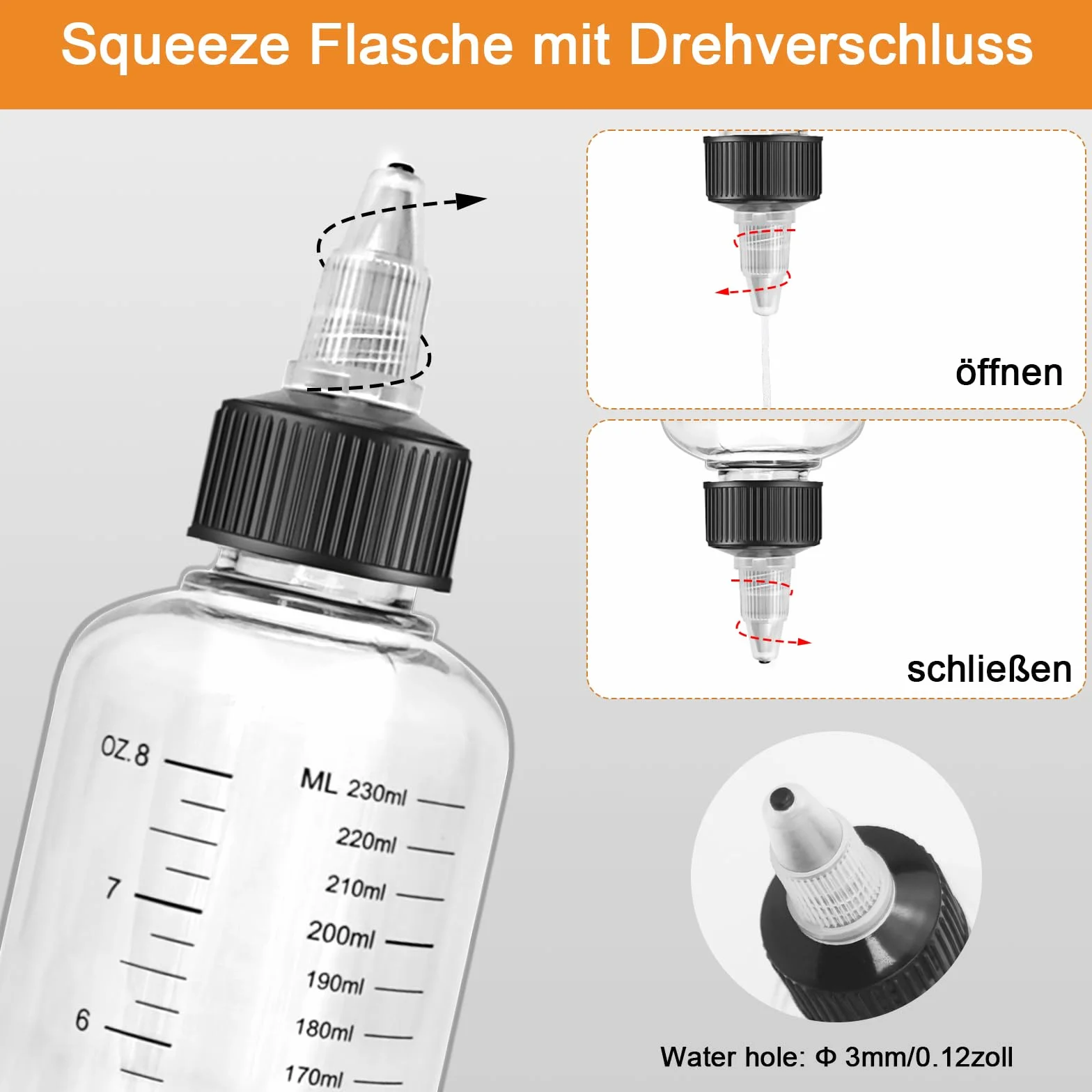 Realure 4 butelki do wyciskania 250 ml, przezroczyste butelki do wyciskania ze skalą, z tworzywa sztucznego, butelki dozujące z zakrętką z lejkiem, uniwersalne butelki na sosy, do płynnych przypraw