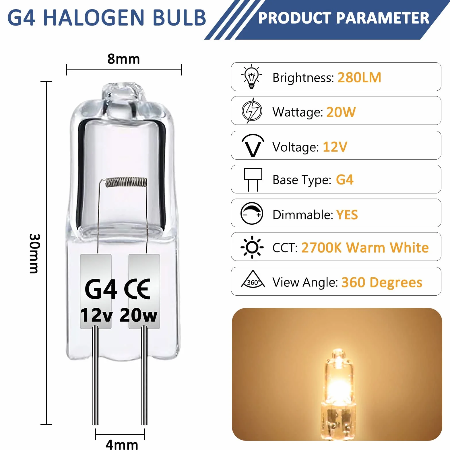 Opakowanie 12 żarówek halogenowych G4 20 W 12 V ściemnialne, 2700K ciepła biel, 280 lm, G4 Pinowa lampa bazowa, żarówki halogenowe do lamp szafkowych, okapy wyciągowe, żyrandol