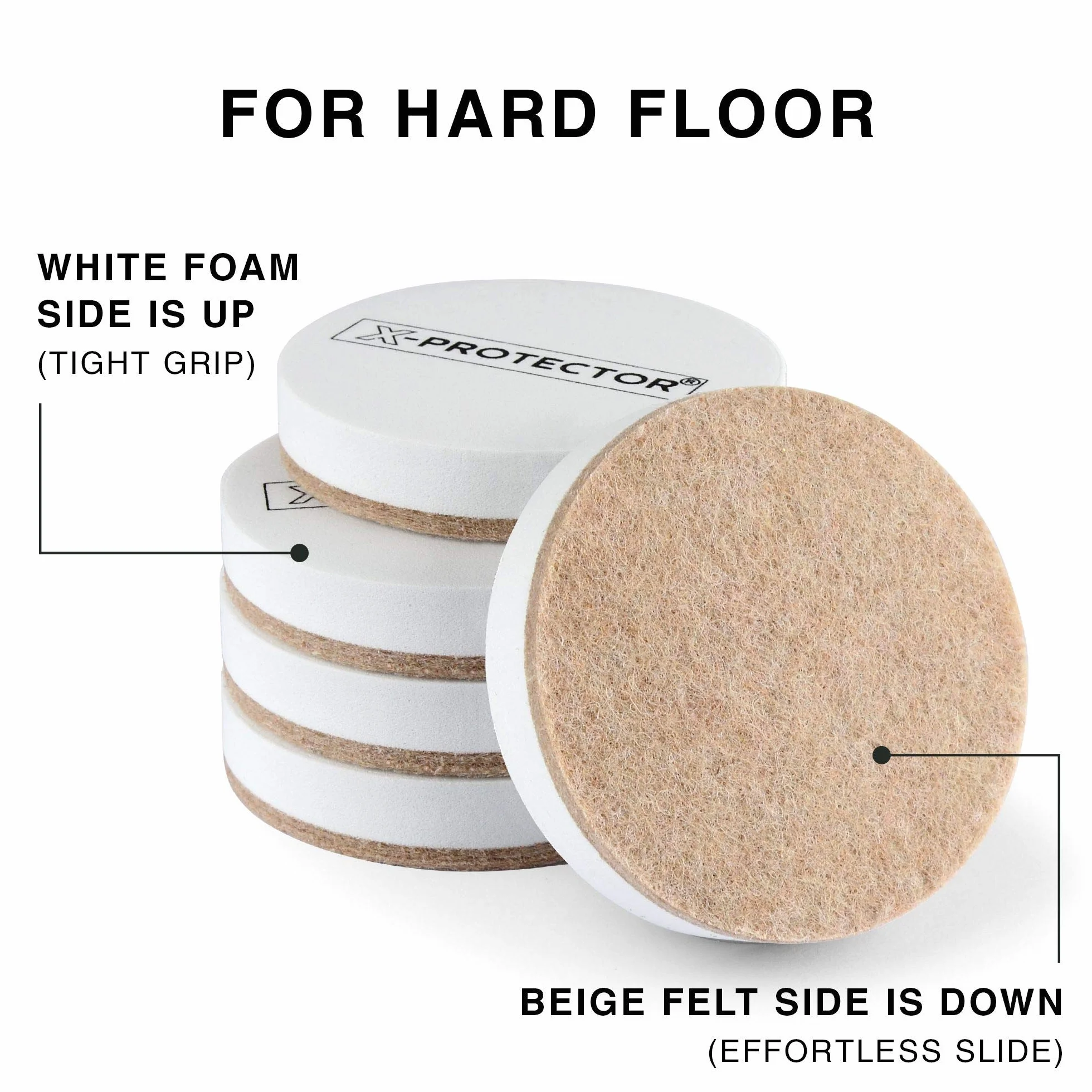 Filcowe suwaki meblowe do podłóg z twardego drewna, 8 szt., 9 cm X-PROTECTOR - Suwak do mebli - wytrzymałe przesuwki mebli do twardych powierzchni, białe filcowe suwaki - łatwe i bezpieczne