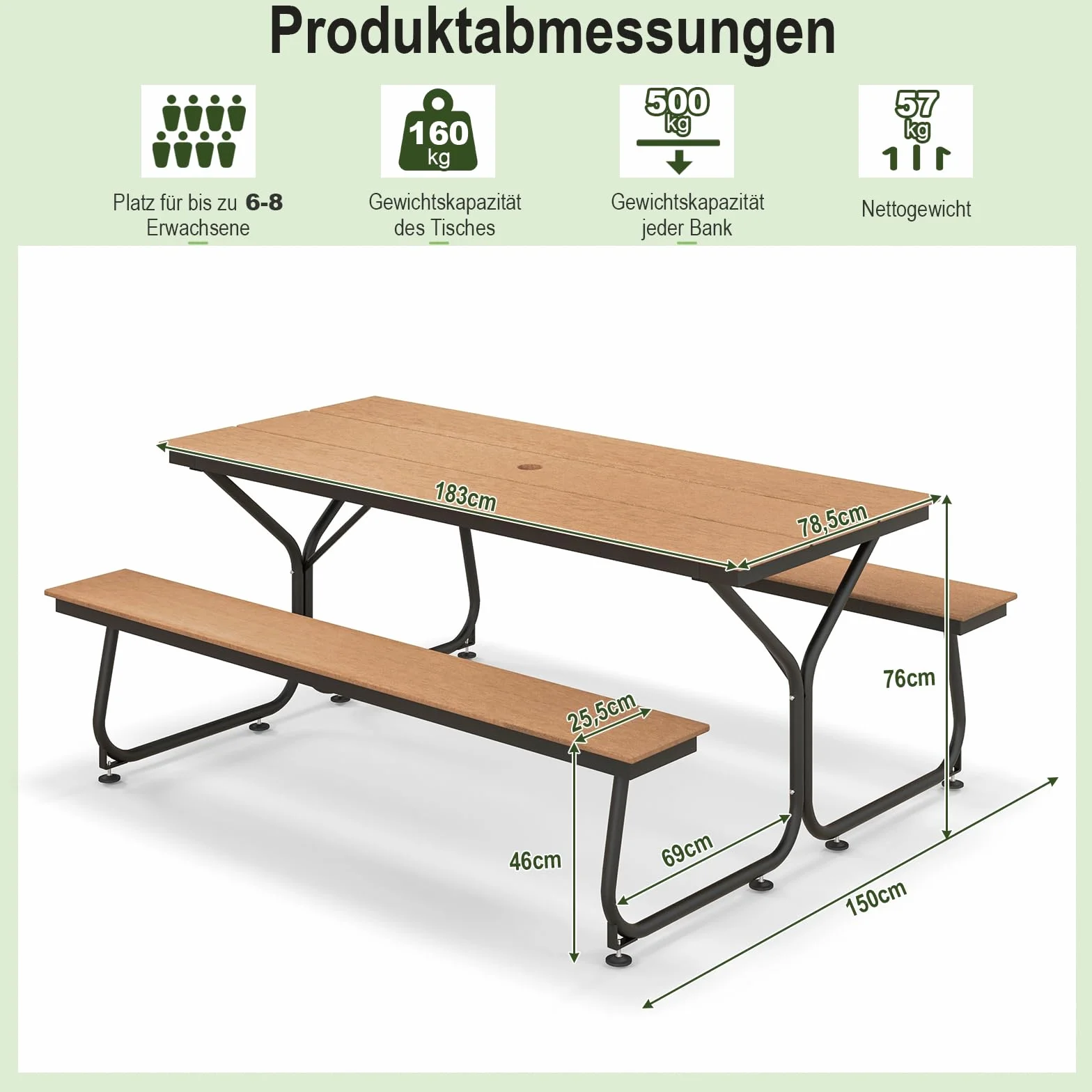 COSTWAY Zestaw do namiotu piwnego 183 cm, stół piwny o wyglądzie drewna, stół piwny z blatem HDPE, otworem na parasol i metalową ramą, zestaw mebli do siedzenia do ogrodu, na taras, podwórko (brązowy)