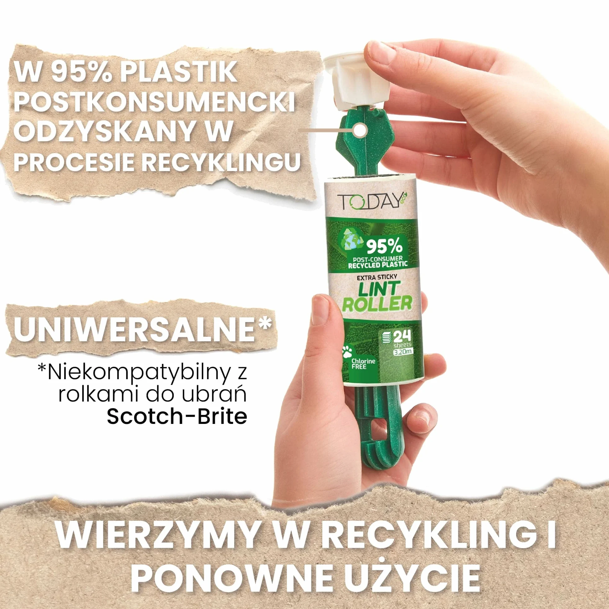 Today Eco - wałek do usuwania sierści zwierząt. 16 rolek + pokrywka + 2 uchwyty z tworzywa sztucznego pochodzącego w 95% z recyklingu. Wałek do usuwania kłaczków i sierści kotów i psów