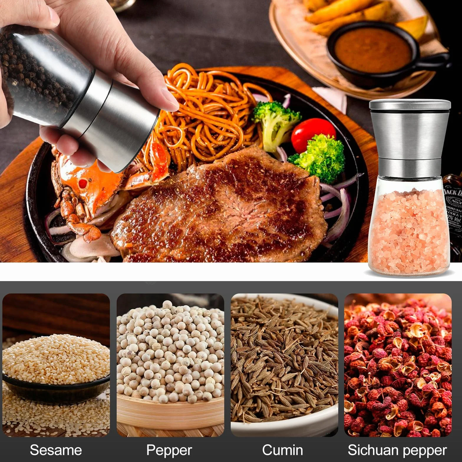 Młynek do Przypraw ze Stali Nierdzewnej i Szkła 180 ml*2 Ceramiczny Regulowany