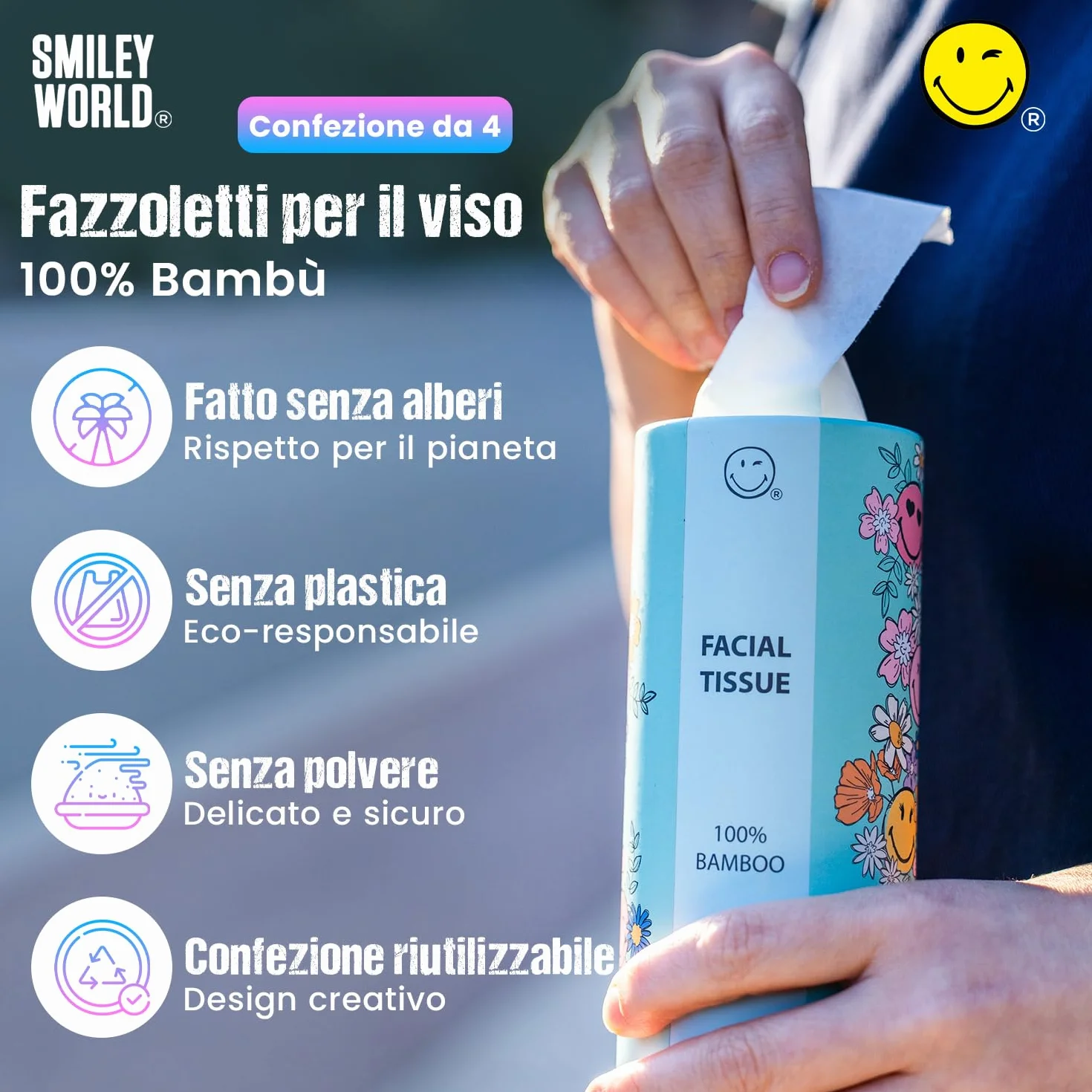 100% bambusowy cylinder na chusteczki - Smiley World Design - przenośny do samochodu, domu, plecaka, fotelika dziecięcego, szkoły - ekologiczne chusteczki biodegradowalne (4)