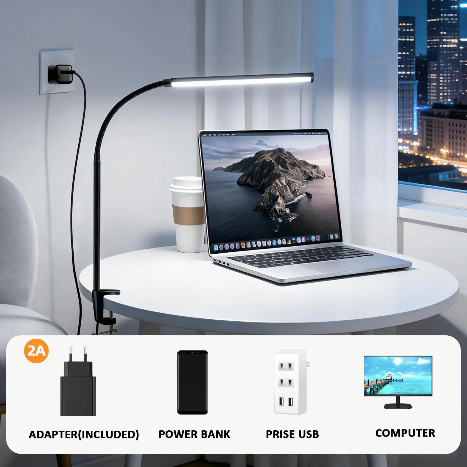 Akynite Lampa zaciskowa USB, adapter w zestawie, lampa do czytania, 3 kolory i 10 intensywności, elastyczna lampa biurkowa dla dzieci, klips do manicure stołowego, czarna