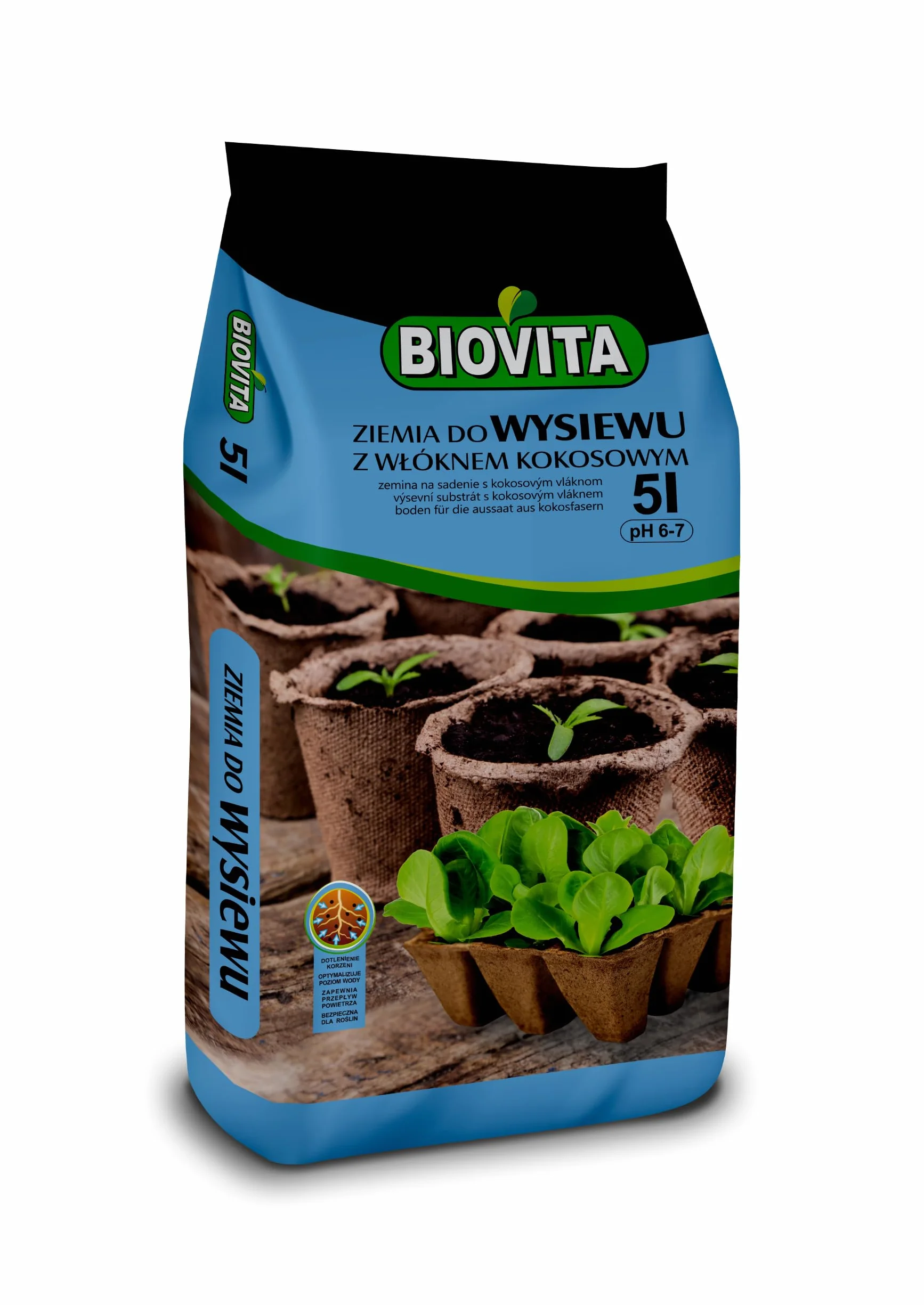 BIOVITA Do wysiewu z włóknami kokosowymi, 5 l, wieloskładnikowa ziemia do roślin, gotowa do użycia, ziemia pochodzenia naturalnego