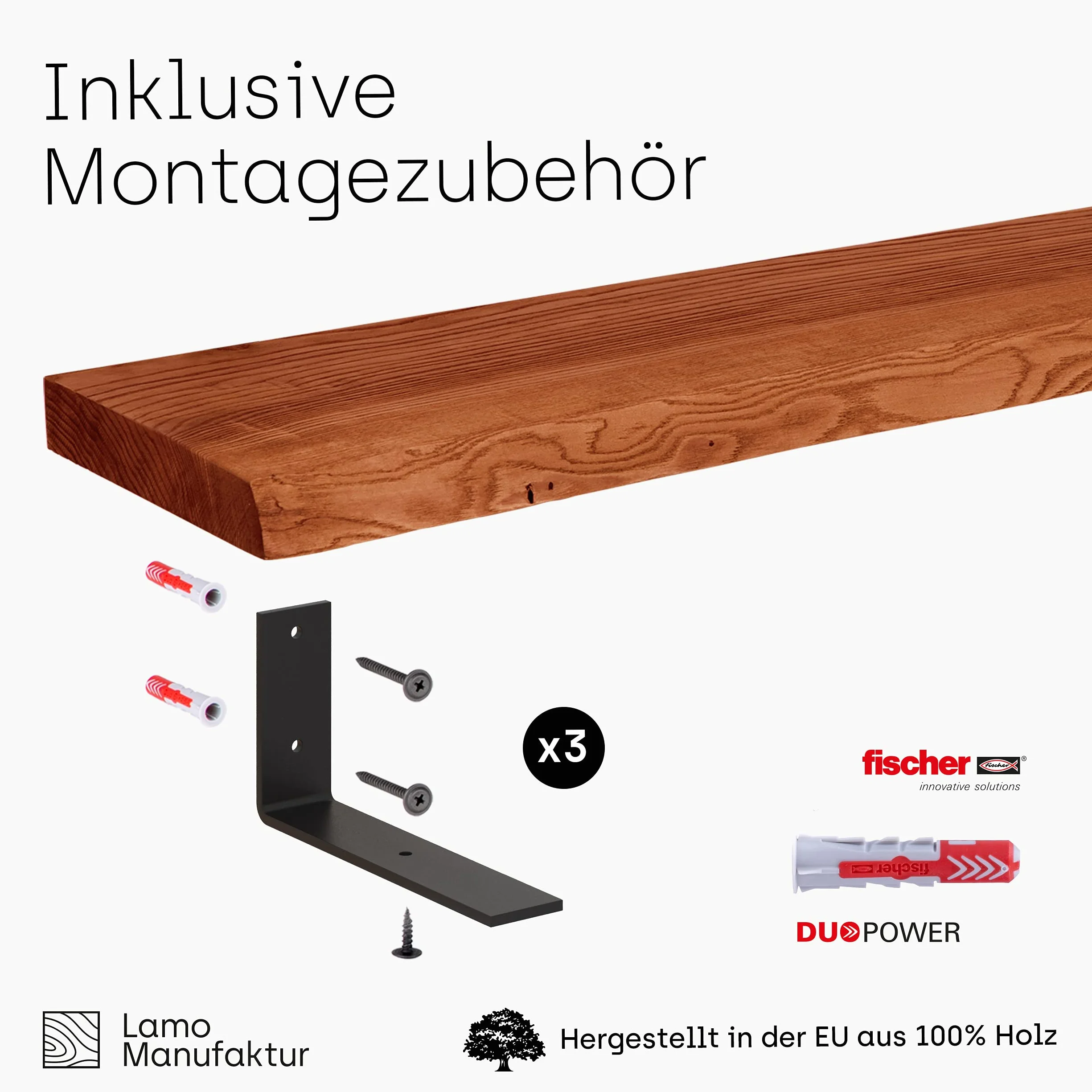 LAMO Manufaktur półka ścienna, regał drewniany, szczotkowana krawędź, w zestawie dodatkowo czarny wspornik do półki, ciemny jesion 160cm, LW-01-A-004-160L