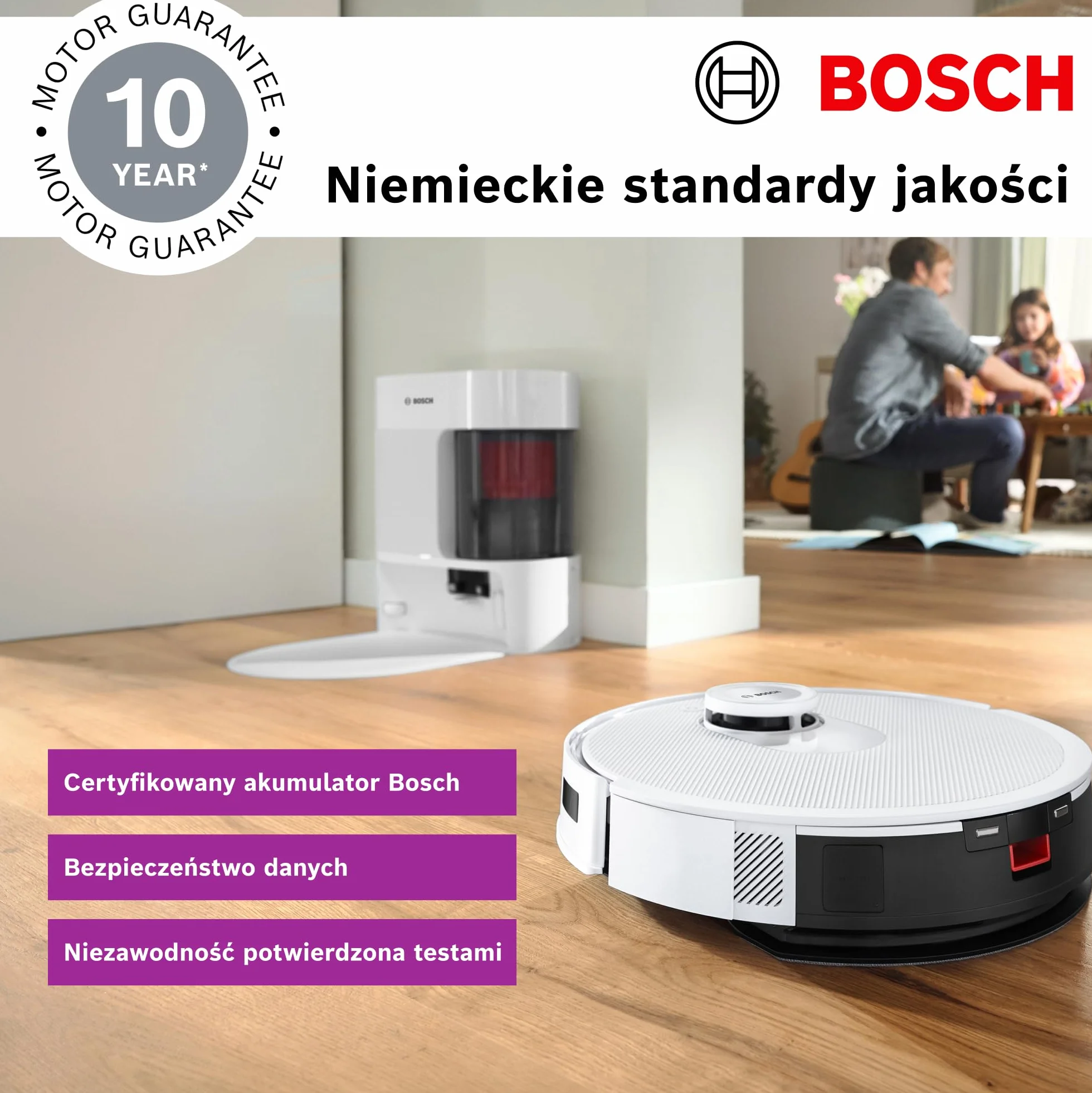Bosch Spotless+ Robot sprzątający z funkcją mopowania, moc ssania 11 000 Pa, statyczna nakładka mopującą, stacja czyszczącą, nawigacją Smart Vision, aplikacja Bosch Home Connect, BCRD1W, biały