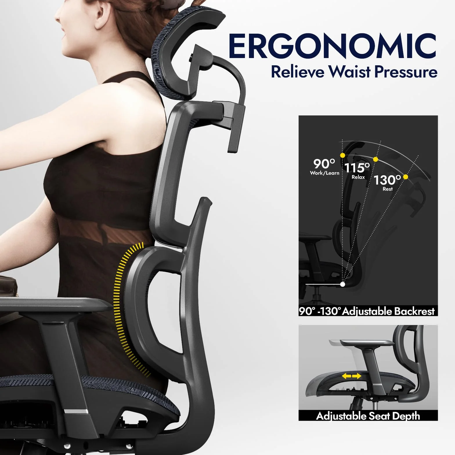 Ergonomiczne krzesło biurowe, ALL-Mesh wysokie oparcie, domowe krzesło biurowe, podparcie lędźwiowe, fotel gamingowy, regulowane podłokietniki i zagłówek 3D, duże i wysokie obrotowe krzesło