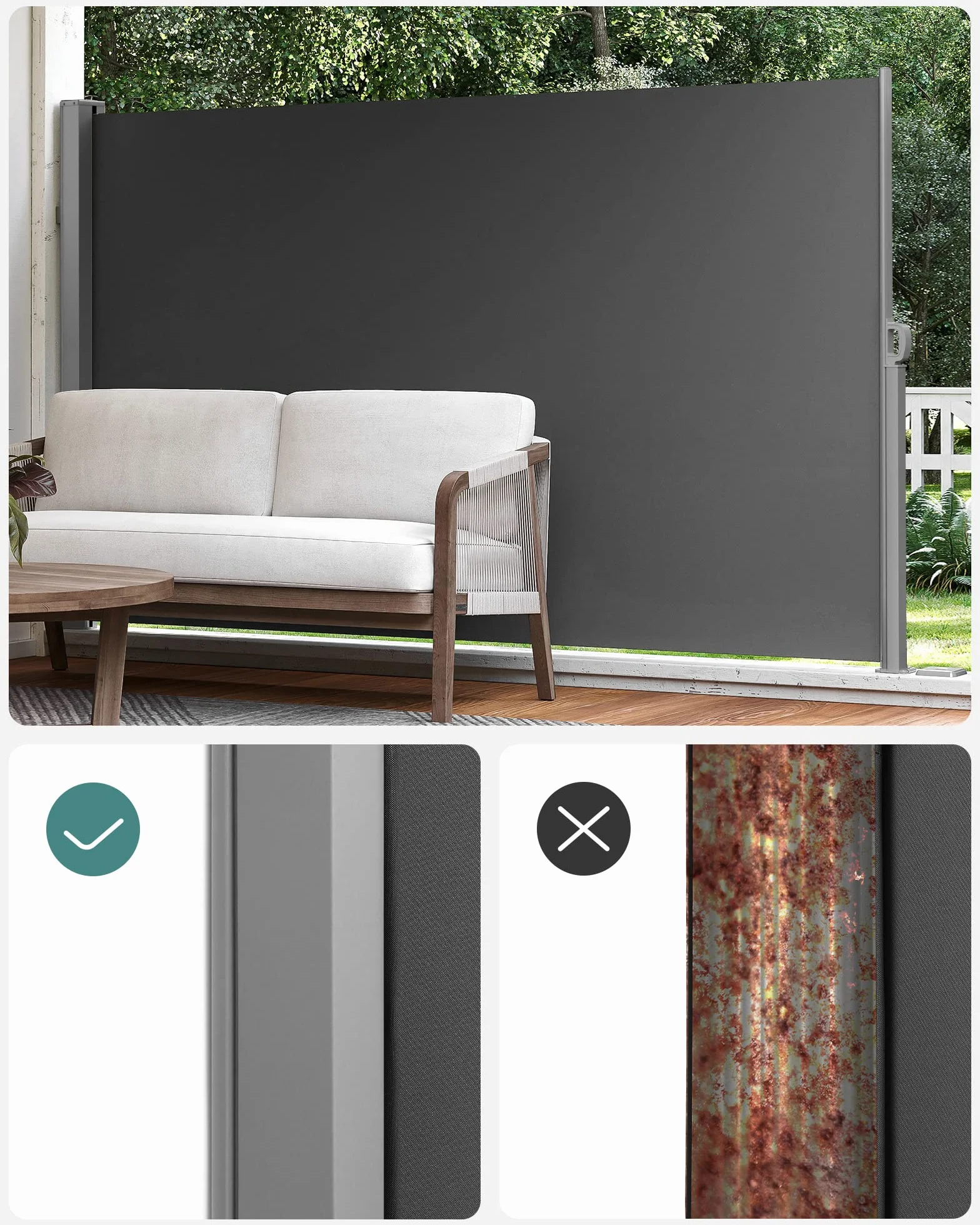 SONGMICS Osłona boczna, wysuwana, 160 x 350 cm, ochrona przed słońcem, nieprzejrzysta roleta zewnętrzna, na taras, do ogrodu, stal, antracytowo-szara GSA165G02