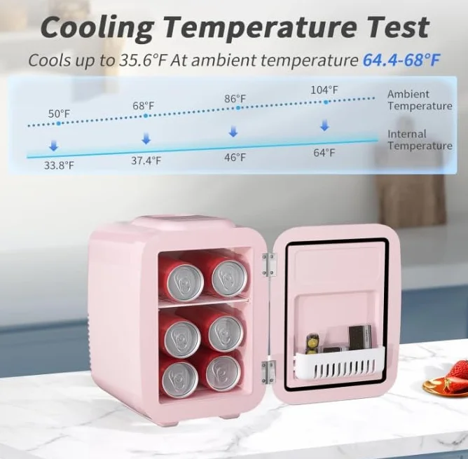 YASHE Mini lodówka do sypialni, 4 litry/6 puszek, mała lodówka, 220V AC / 12V DC, termoelektryczna chłodziarka i podgrzewacz, mini lodówka do napojów, biura, akademika, samochodu, różowa
