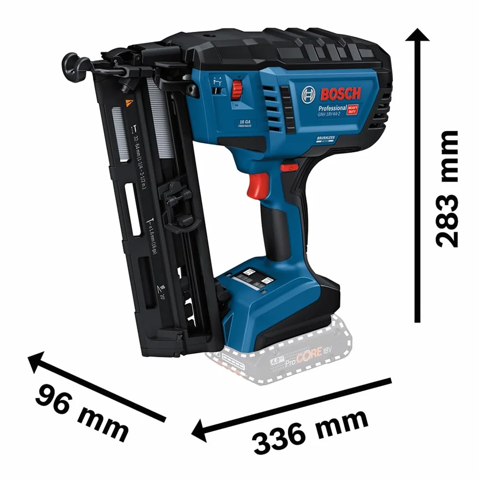 Bosch Professional 18 V System akumulatorowy gwoździarka do drewna GNH 18V-64-2 (wyzwalanie pojedynczego strzału, nadaje się do następujących gwoździ: 32-64 mm, 16 ga (1,6 mm) i kąt magazynka 20°,