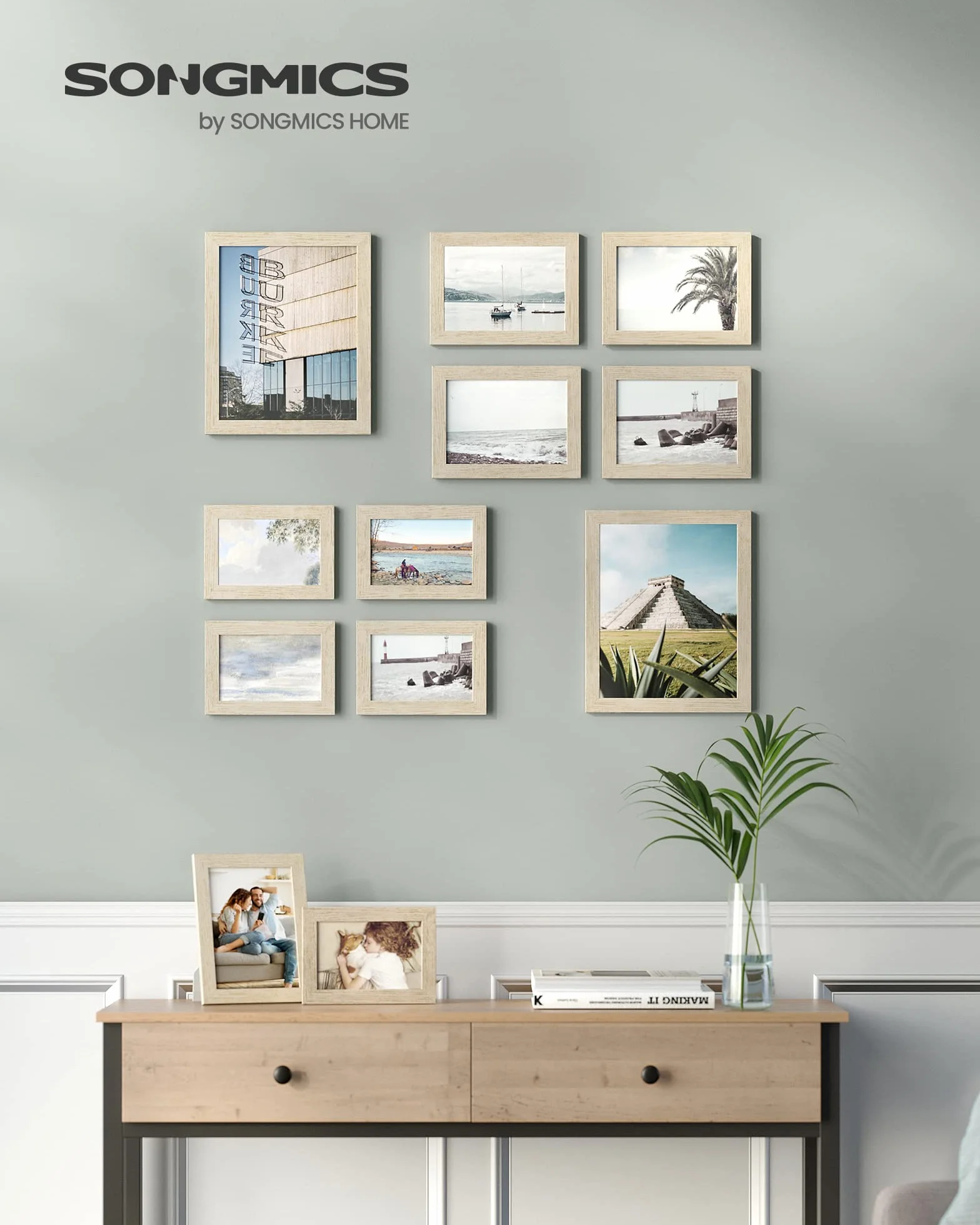 SONGMICS RPF310N02 ramka na zdjęcia, na 2 zdjęcia o wymiarach 20 x 25 cm, 4 zdjęcia o wymiarach 13 x 18 cm, 4 zdjęcia o wymiarach 10 x 15 cm, płyta z tworzywa sztucznego, MDF, kolor naturalny