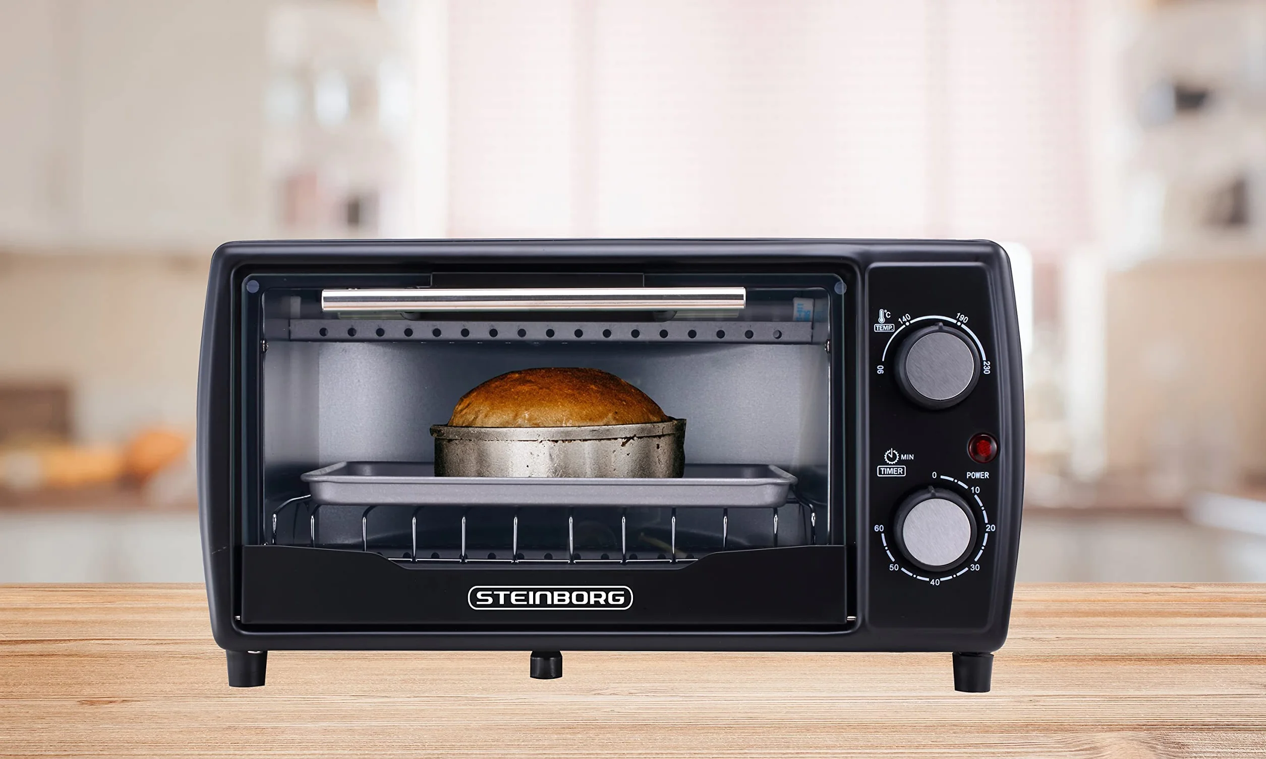 Mini piekarnik 1000 W, 10 litrów, z blachą do pieczenia i rusztem do pieczenia pizzy 90-230°C, timer 60 minut, wysuwana taca na okruchy, instrukcja obsługi (może nie być dostępna w języku polskim)