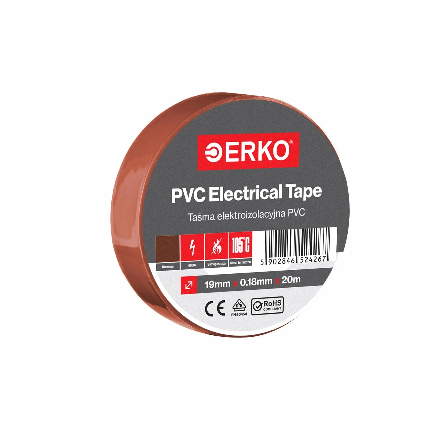 ERKO - Zestaw taśm izolacyjnych z PCW 19 mm x 20 m | naprawa przewodów elektrycznych | bardzo elastyczna o dużej sile klejenia | odporna na chemikalia, brązowa, polichlorek winylu