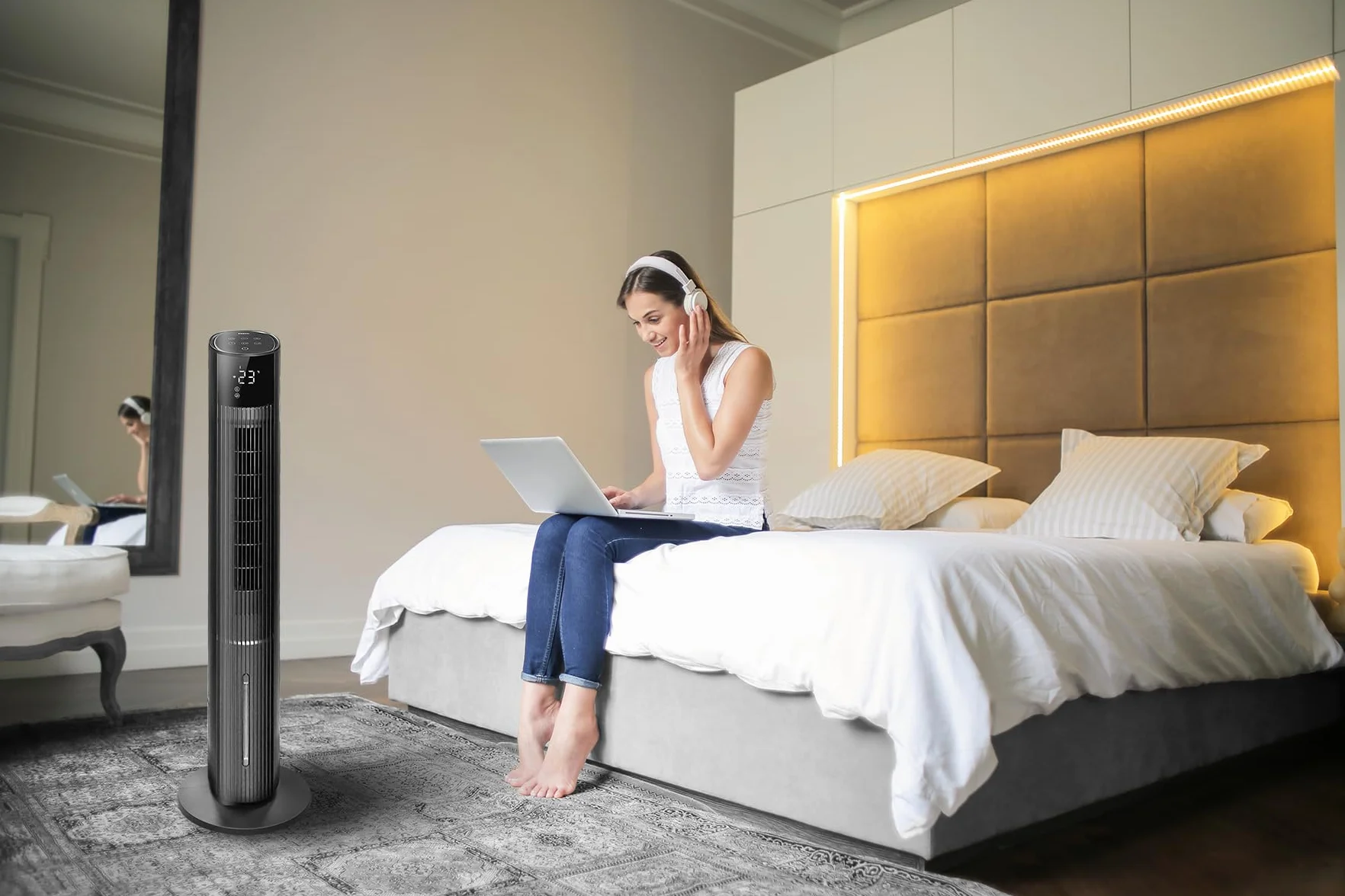 EBERG NEXO klimator wodny 6w1, klimatyzer przenośny WiFi, wentylator kolumnowy z jonizacją, nawilżacz powietrza, chłodzenie ewaporacyjne, antracytowy