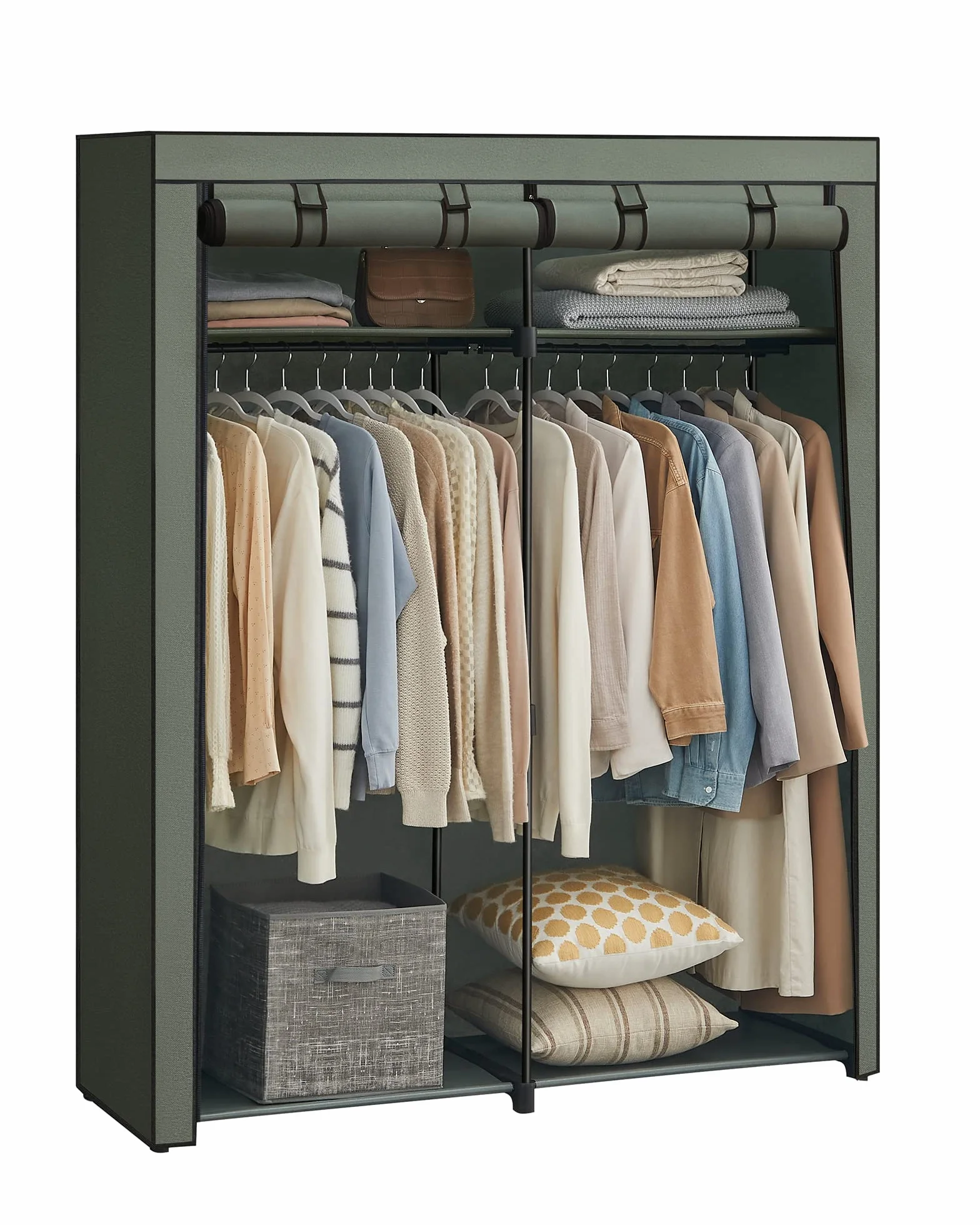SONGMICS RYG002C02 Szafa na ubrania, garderoba z 2 drążkami na ubrania, szafa z materiału, wieszak na ubrania, składana, do garderoby, sypialni, 43 x 140 x 174 cm, czarna