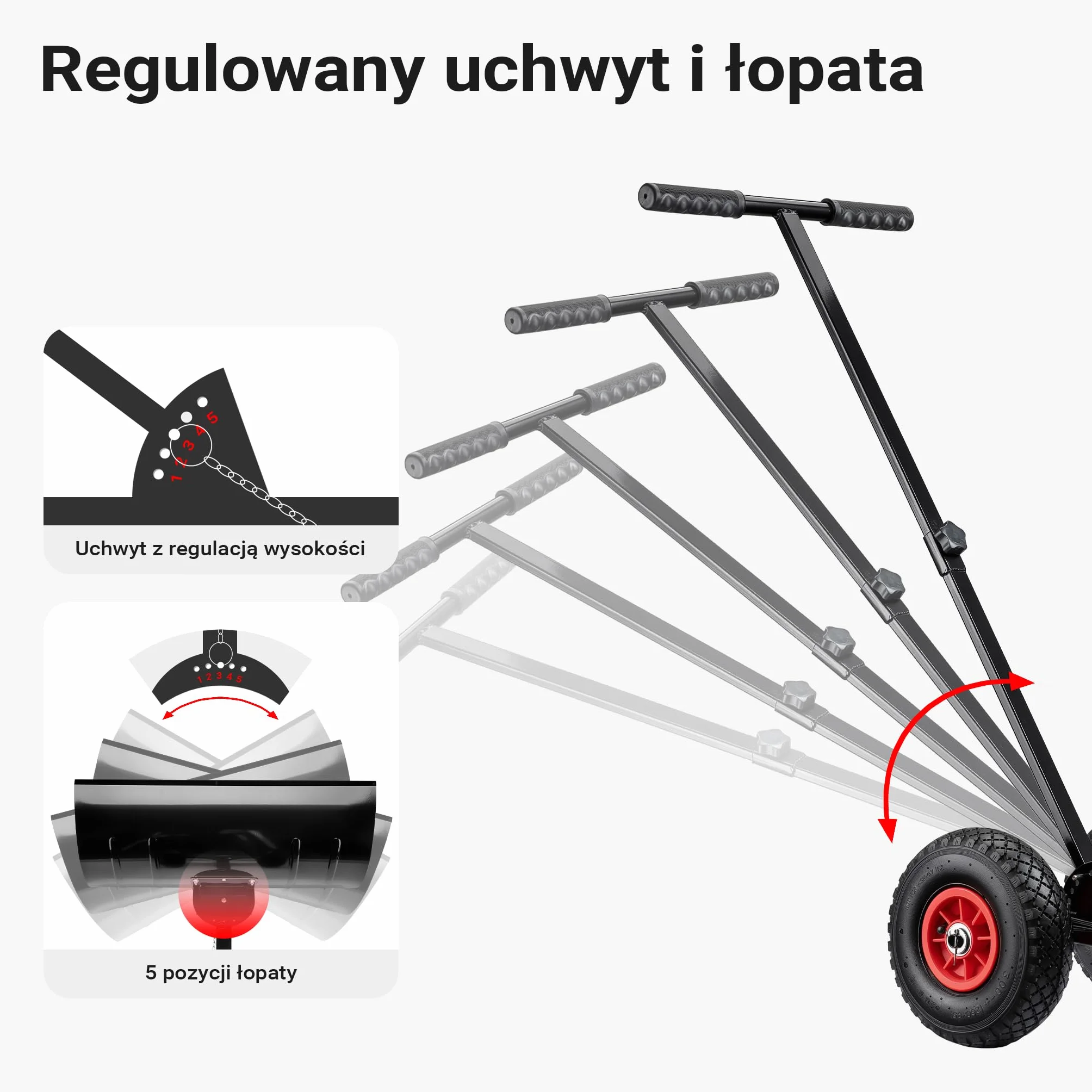 Wiltec Łopata do śniegu o wymiarach 74 x 43 cm ze stali, łopatka na kołach pneumatycznych 10″ z ruchomym kijem, szufla do odśnieżania