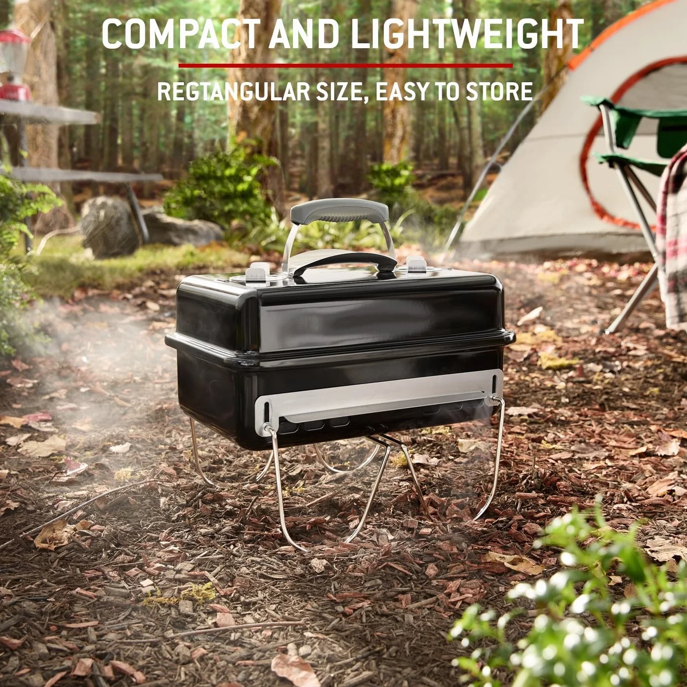 Weber Go-Anywhere Grill węglowy, powierzchnia grilla 42 x 26 cm, lekki przenośny grill BBQ, grill z emaliowaną misą i pokrywą, składane nóżki - Czarny (1131004)