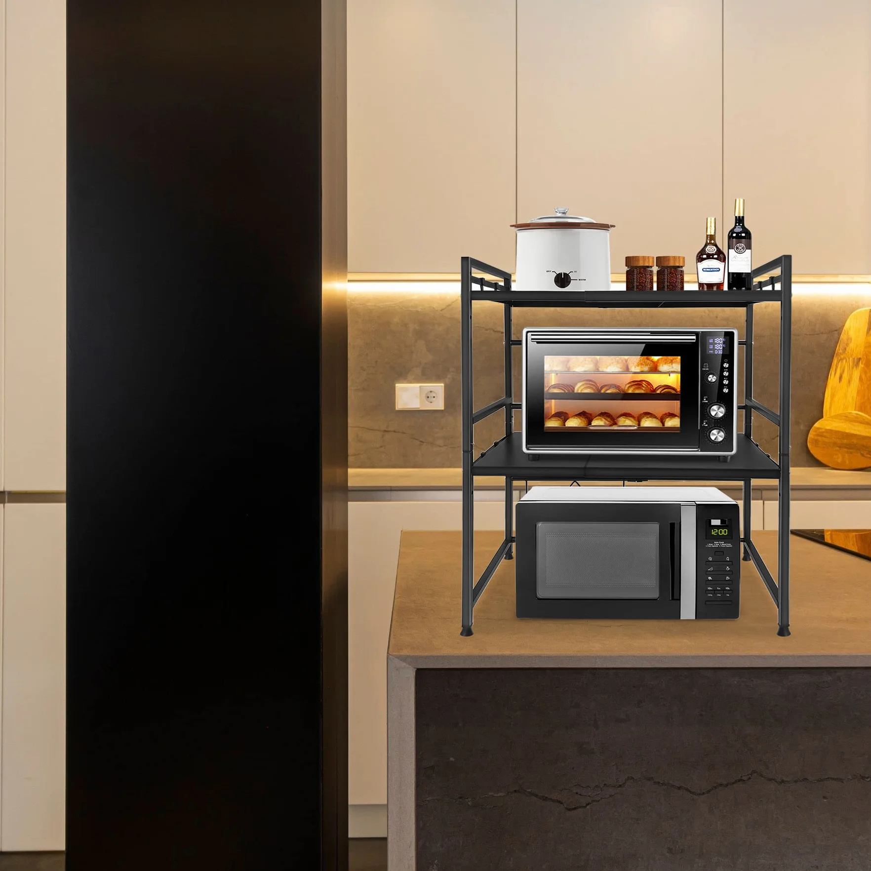 Froadp 3-Poziomowy Regał no Mikrofalówki Wysuwany Stojak do Mikrofalówkę z 8 Haczykami Metalowymi Półka na Pieczywo Organizer Kuchenna Mini Stojak na Piekarniki Regał do Przechowywania (Czarny)