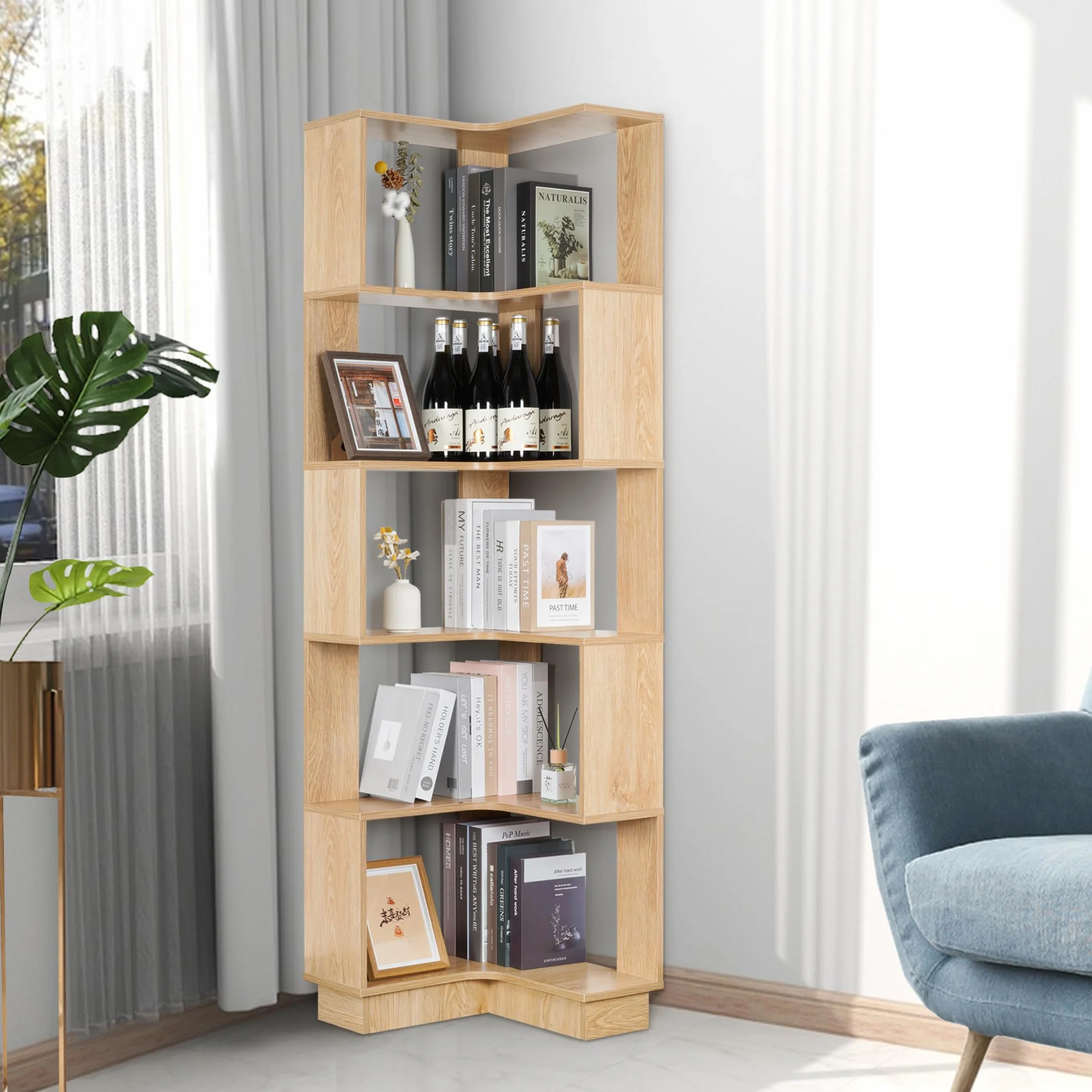 6-poziomowy regał narożny z drewna, duży regał na książki, nowoczesny do salonu, gabinetu, sypialni, biura, wys. 175 cm (oryginalny kolor)