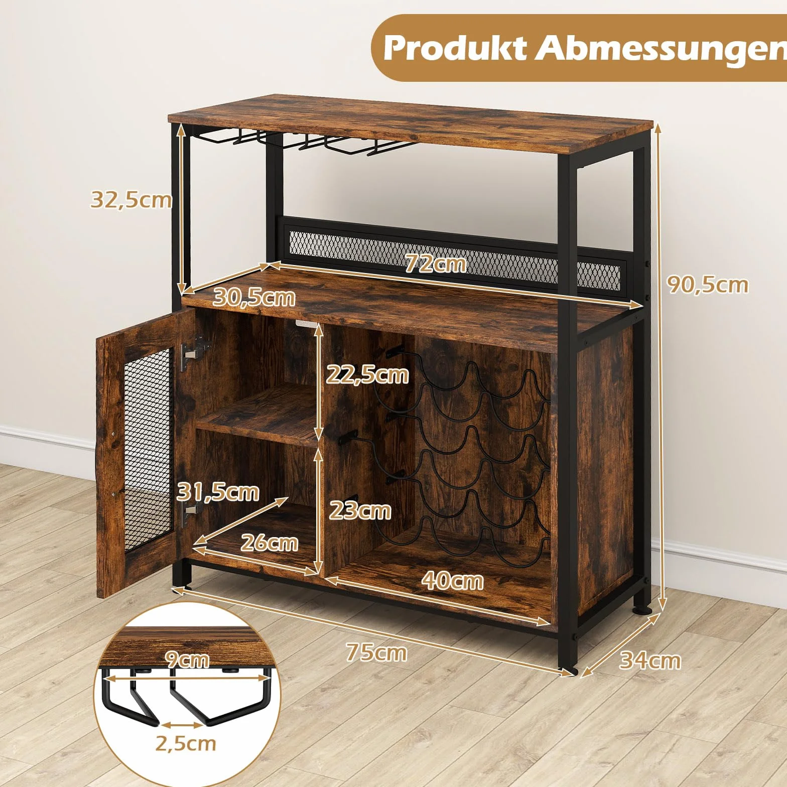 COSTWAY Industrialna szafka na wino, szafka kuchenna ze zdejmowanym regałem na wino i wbudowanymi uchwytami na szkło, komoda drewniana, wolnostojąca, 75 x 34 x 90,5 cm