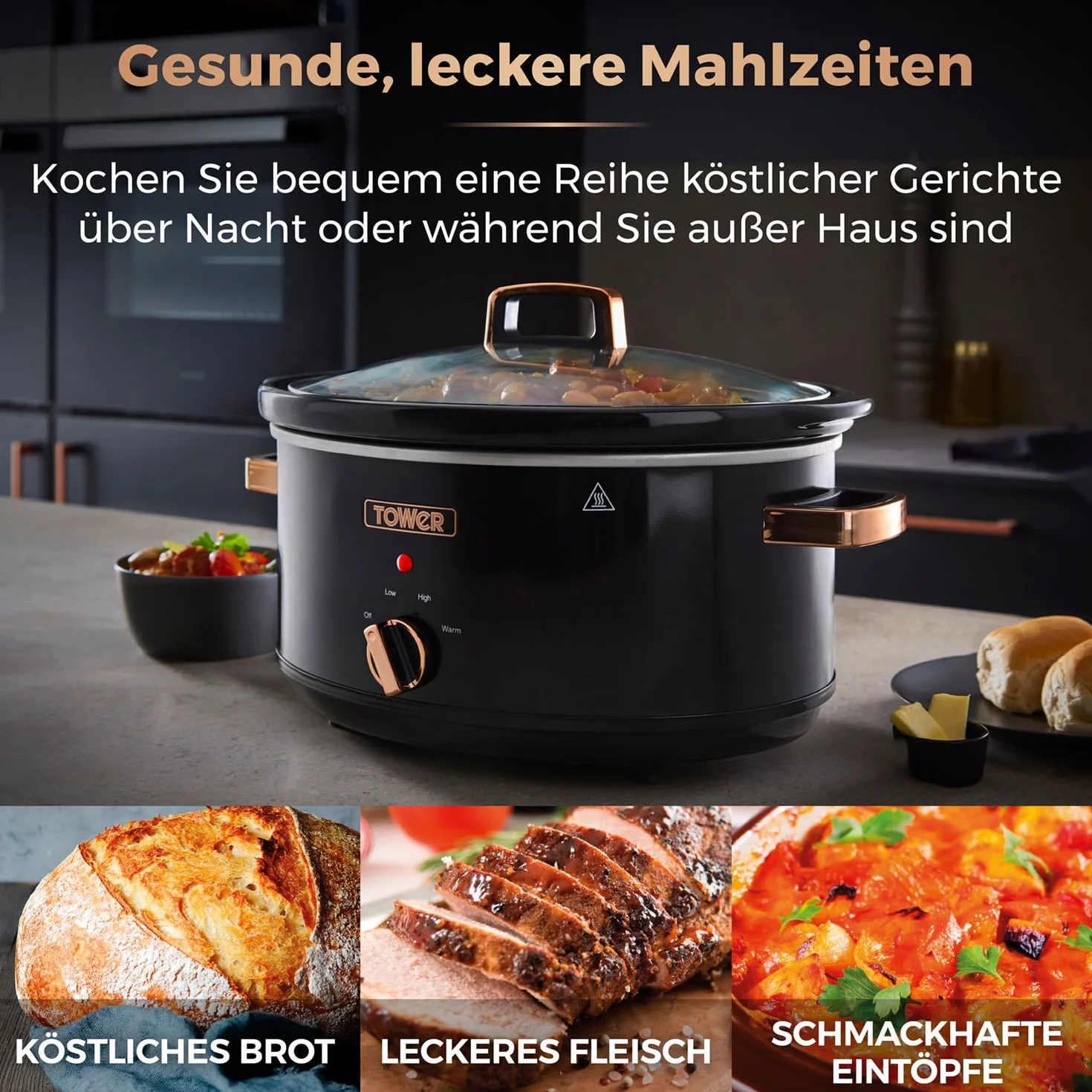 Tower T16019RG Slow Cooker Infinity z 3 ustawieniami gotowania i funkcją utrzymywania ciepła, urządzeń kuchennych, 6,5 l, 270 W, czarno-różowe złoto