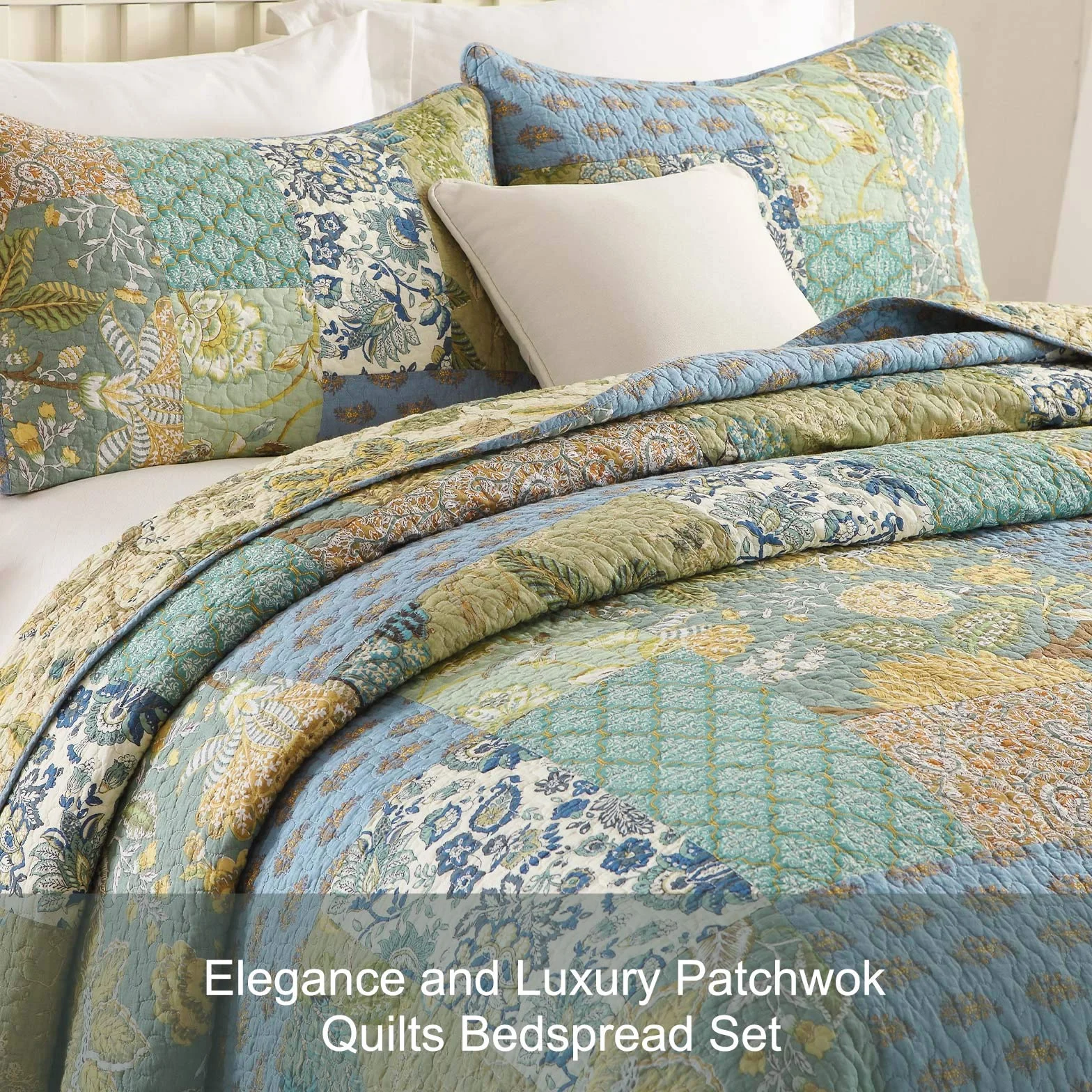 Qucover Pikowany koc patchworkowy Double 100% bawełna, retro, szykowny, wzorowany na paisley, kwiatowy, patchworkowy koc na łóżko 230x230 cm, kołdry z 2 poszewkami na poduszki