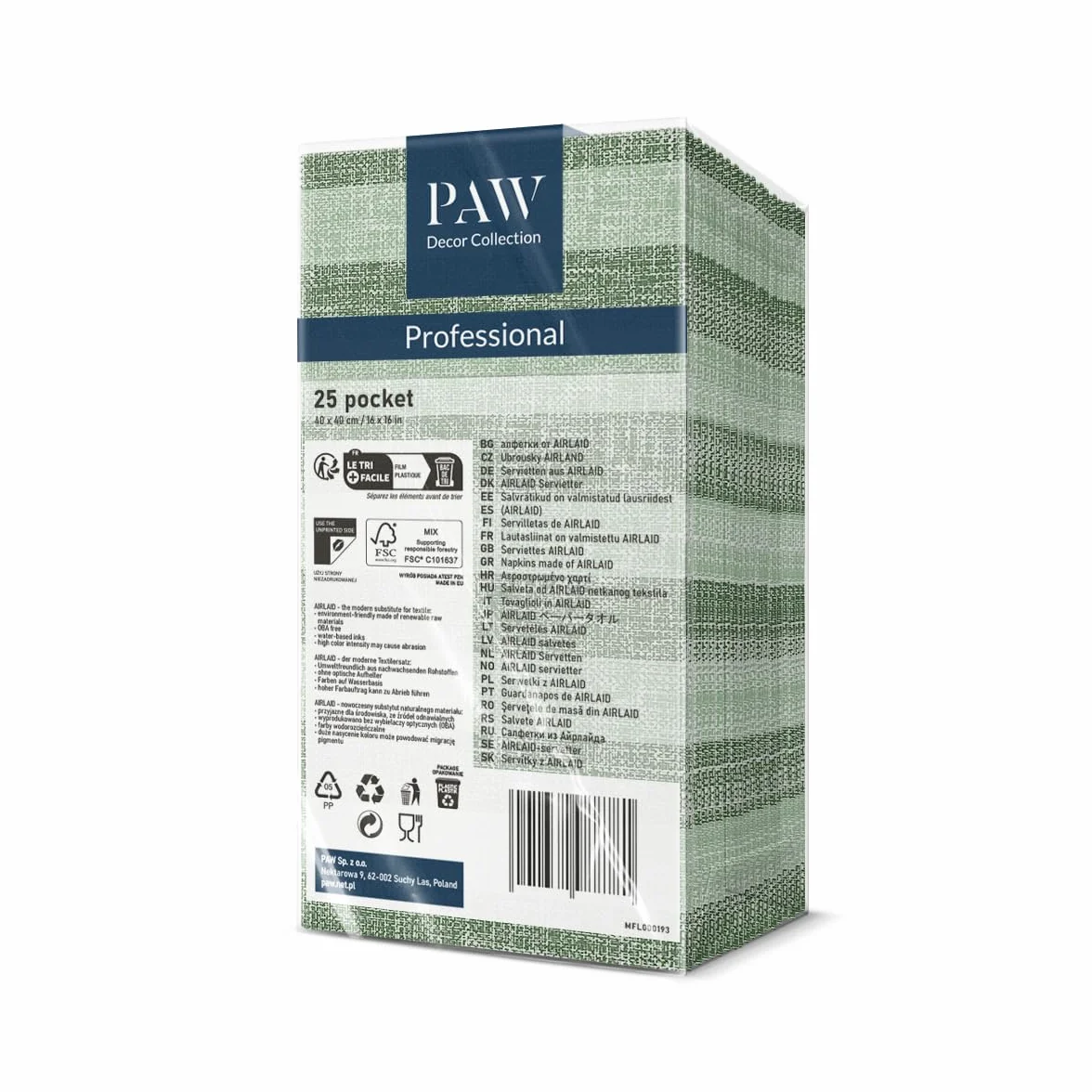 Serwetki z Airlaid PAW 25 sztuk naturalne zielone paski lniane na wesele chrzest komunię