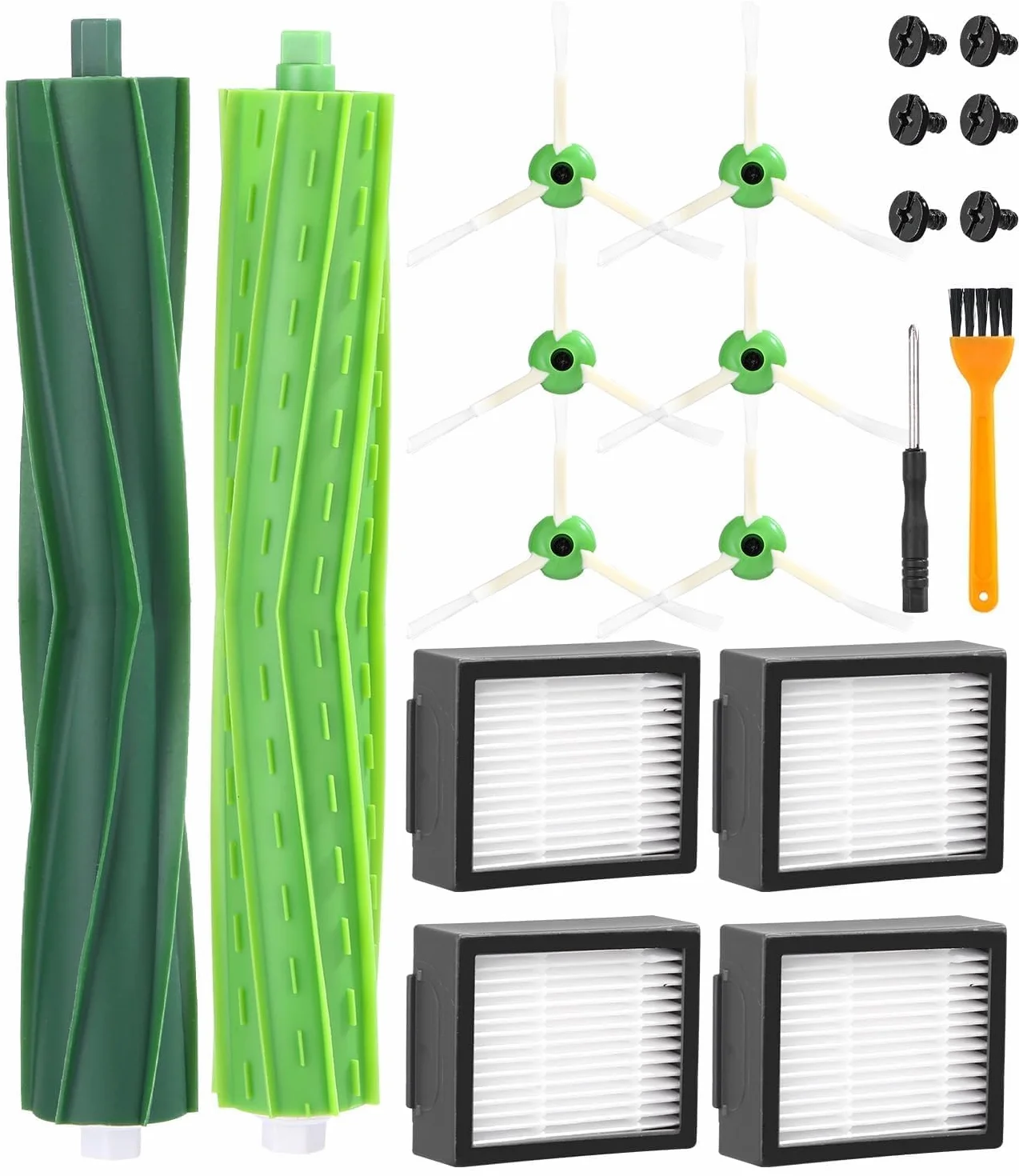 Akcesoria do iRobot Roomba serii E&I&J i7+ i3 i3+ i4 i4+ i6 i6+ j7 j7+ i8 i8+ E5 E6 E7, szczotki odkurzacza, 1 zestaw gumowych szczotek, 4 filtry, 6 szczotek bocznych