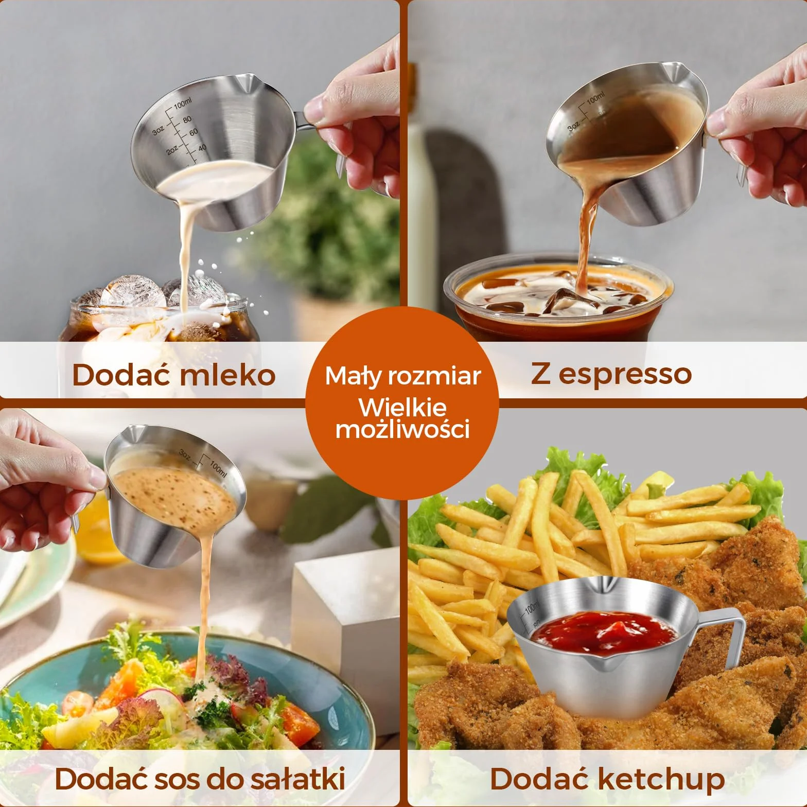 filiżanek do espresso ze stali nierdzewnej, akcesoria do kawa, podwójna wylewka, metalowy kubek pomiarowy z podwójną skalą, kubek, ważenie ziaren kawy (srebrne), 100ml