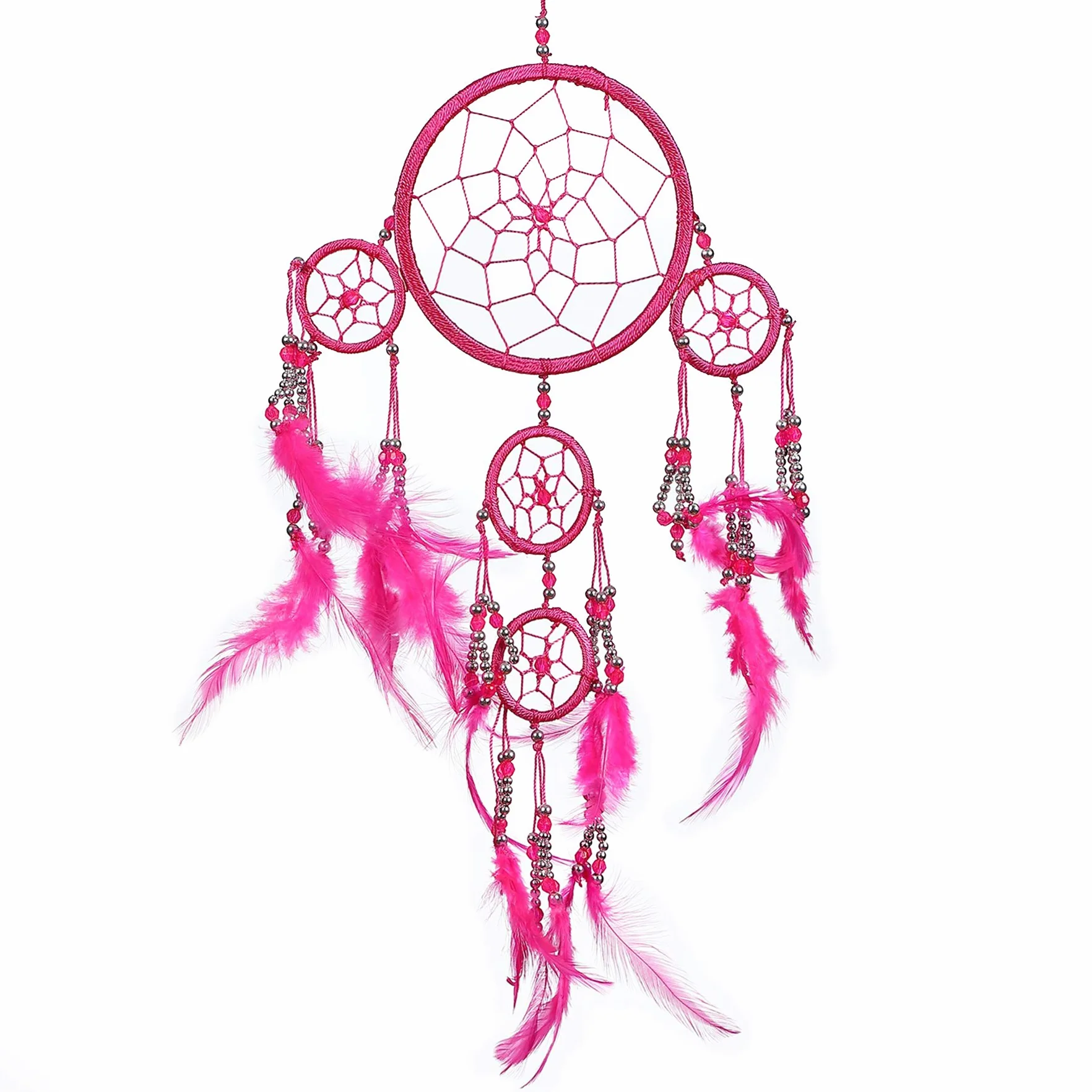 Mały, ręcznie robiony łapacz snów w stylu boho od Pink Pineapple: etyczny wiszący łapacz snów z srebro koralikami i tradycyjnym szydełkowym wzorem - 12 cm szerokości, 35 cm długości (fuksja)