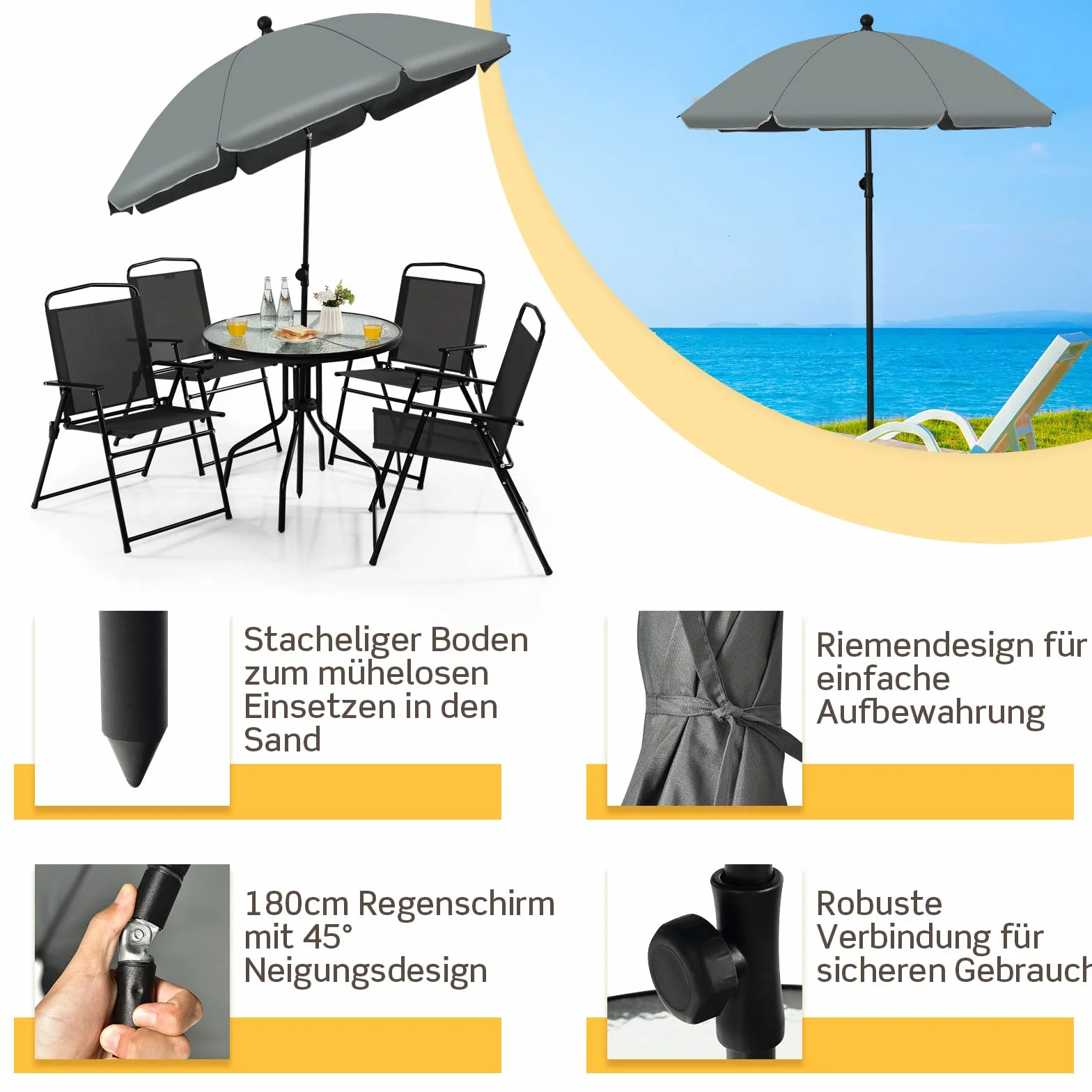 GOPLUS Zestaw krzeseł ogrodowych, 4 krzesła ogrodowe ze stołem ze szkła i parasolem patio, odporne na ścieranie i oddychające materiały, składane krzesła, zestaw mebli ogrodowych na balkon, taras, do
