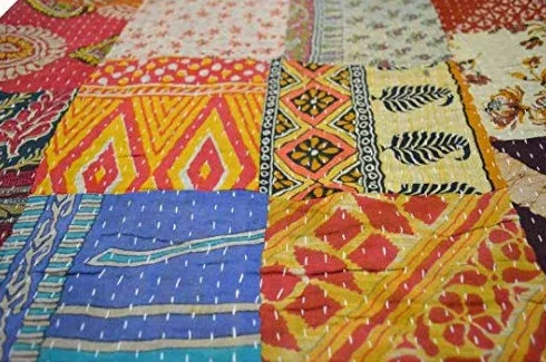 Estationeryhouse Indyjska kołdra w stylu vintage, patchwork, kanta, ręcznie wykonana narzuta, dwustronny koc, narzuta na łóżko, tkanina bawełniana, boho, kołdra