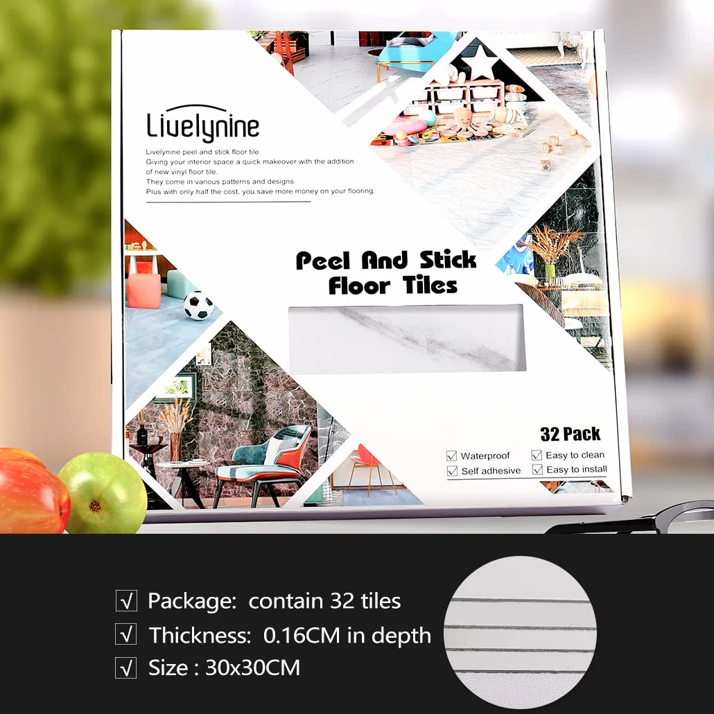Livelynine 32 płytki Podłogi PCV Samoprzylepna łazienka Podłogi winylowe Samoprzylepne płytki Wygląd kuchni 30 CM X 30 CM Podłogi laminowane Jasnoszary laminat Płytki marmurowe Samoprzylepna łazienka