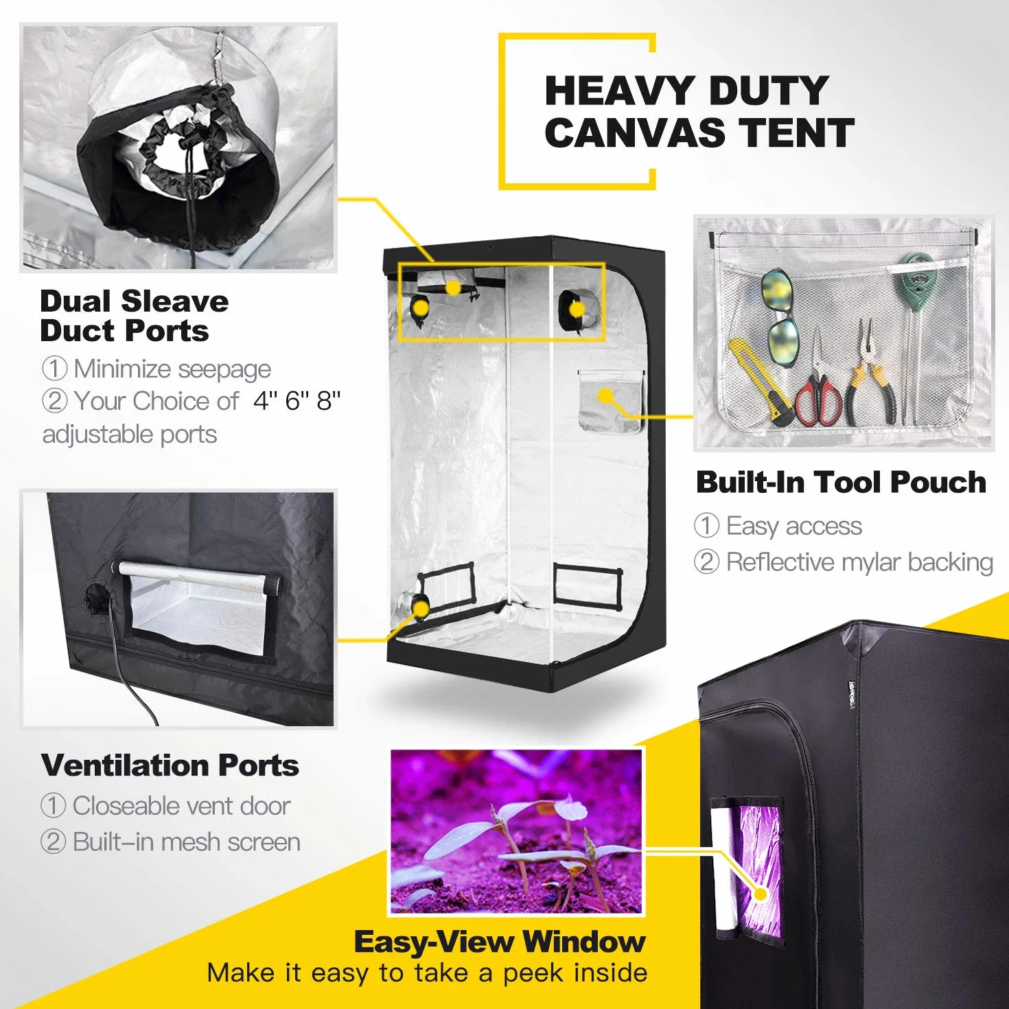 iPower Mylar Hydroponiczny wodoodporny namiot do uprawy z okienkiem obserwacyjnym i zdejmowaną tacą podłogową, torba na narzędzia do sadzonek roślin domowych, rozmnażania, kwitnienia, czarny i