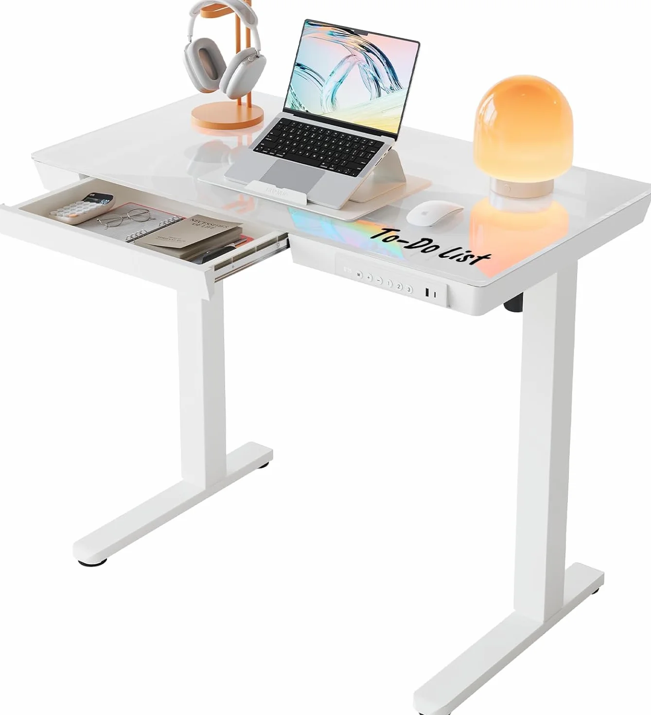 HUANUO 88 x 50 cm, szklane biurko z regulacją wysokości z szufladą, cały blat stołu, port ładowania USB i 3 funkcje pamięci, białe