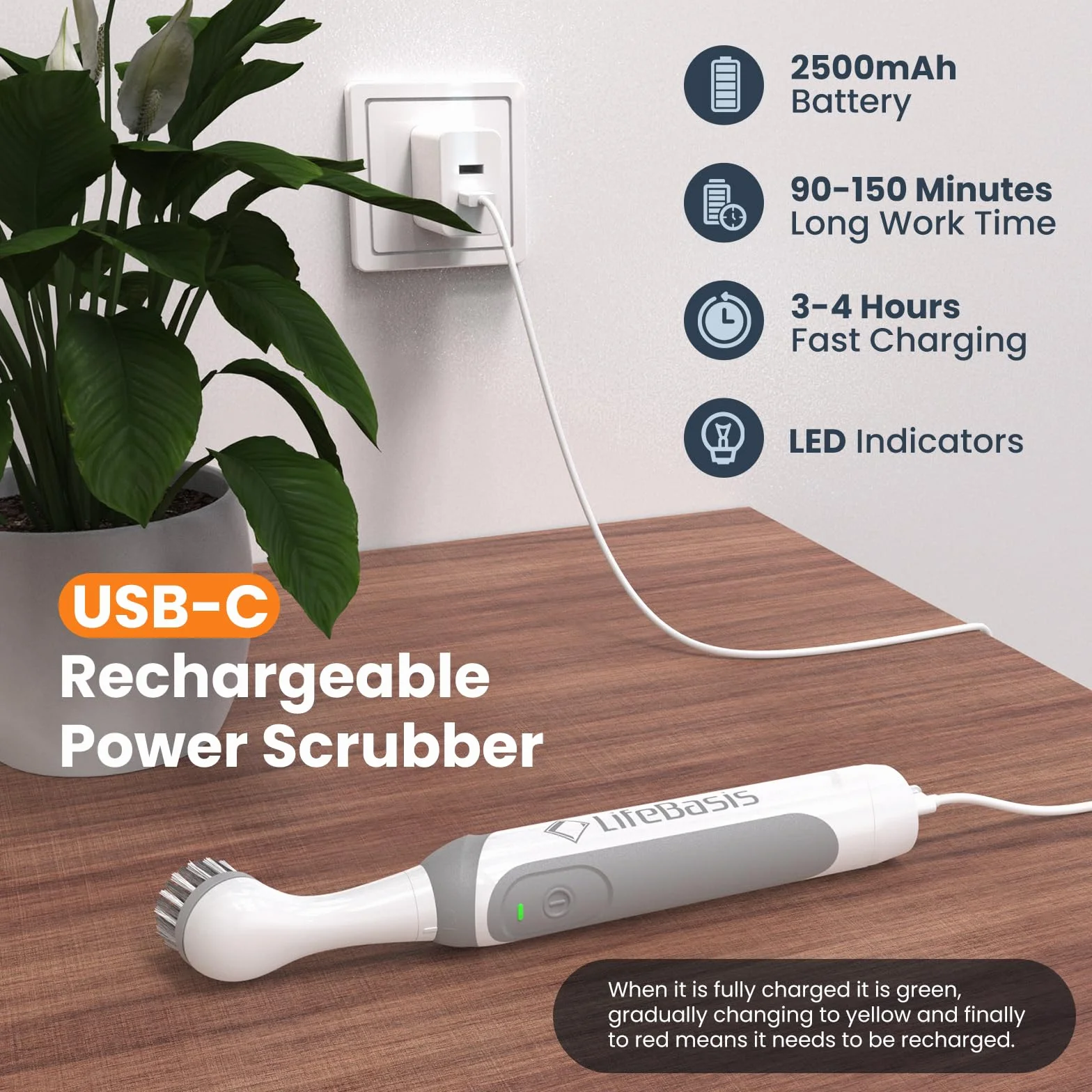 LifeBasis Elektryczna, bezprzewodowa szczotka czyszcząca z 5 wymiennymi głowicami, wodoodporna IPX7, do czyszczenia wanny, łazienki, płytek prysznicowych, zasilana kablem USB
