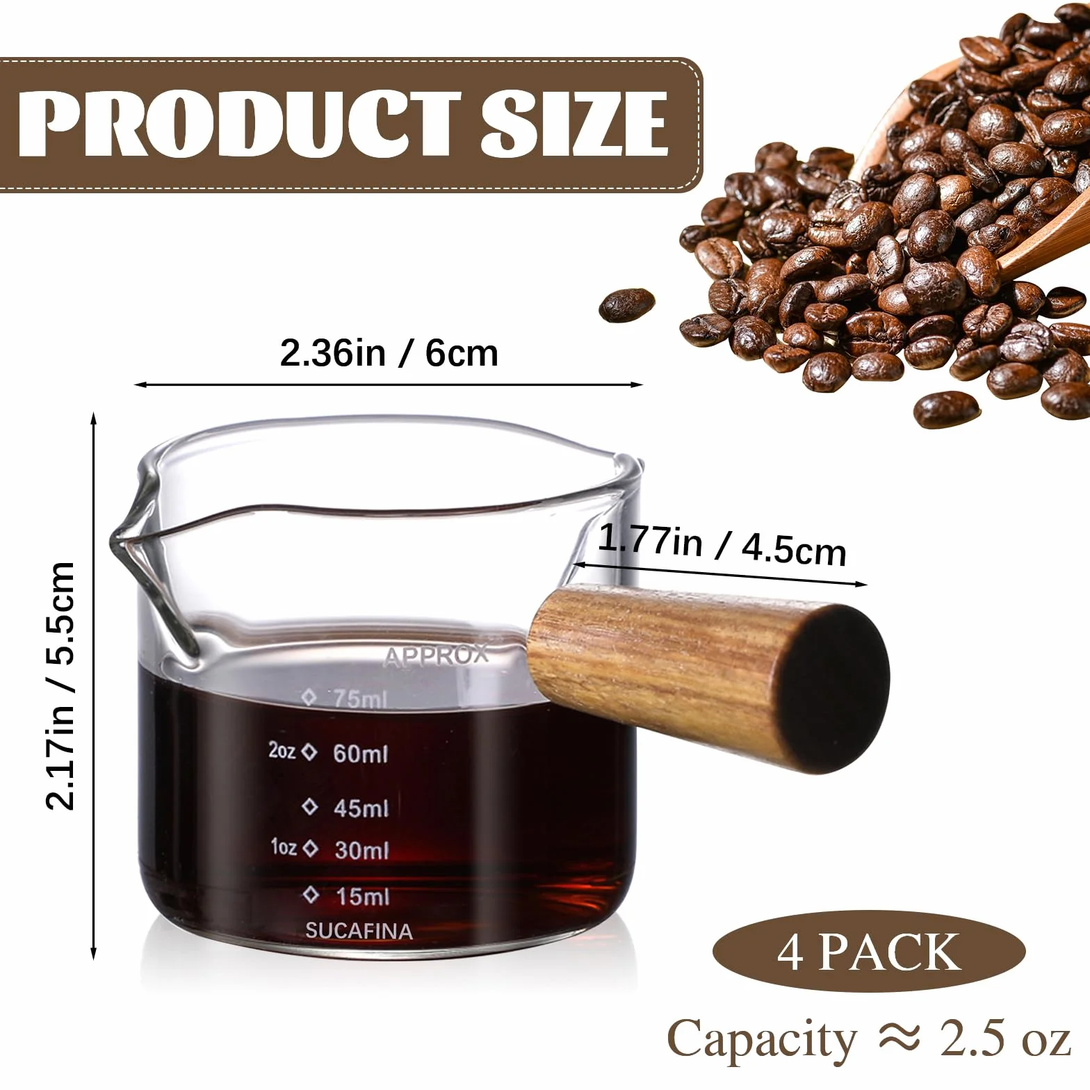 RETON 4 szt. kieliszek do kawy 75 ml drewniany uchwyt podwójny kubek pomiarowy szklany