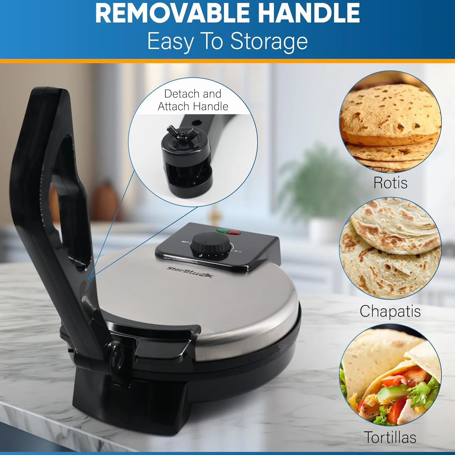 Roti Maker 25,4 cm firmy StarBlue z bezpłatnym ogrzewaczem Roti i zdejmowanym uchwytem – indyjskie chapati, tortilla, Roti AC220-240 V 50/60 Hz 1200 W, wtyczka UE
