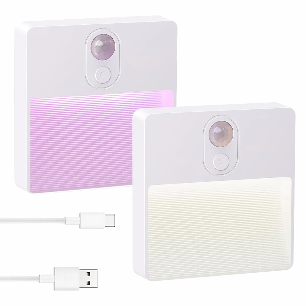 AGOTD Lampka nocna z czujnikiem ruchu, oświetlenie schodów LED, ciepła biel, zmiana koloru RGB, z baterią, automatyczne włączanie/wyłączanie, do pokoju dziecięcego, 2 sztuki