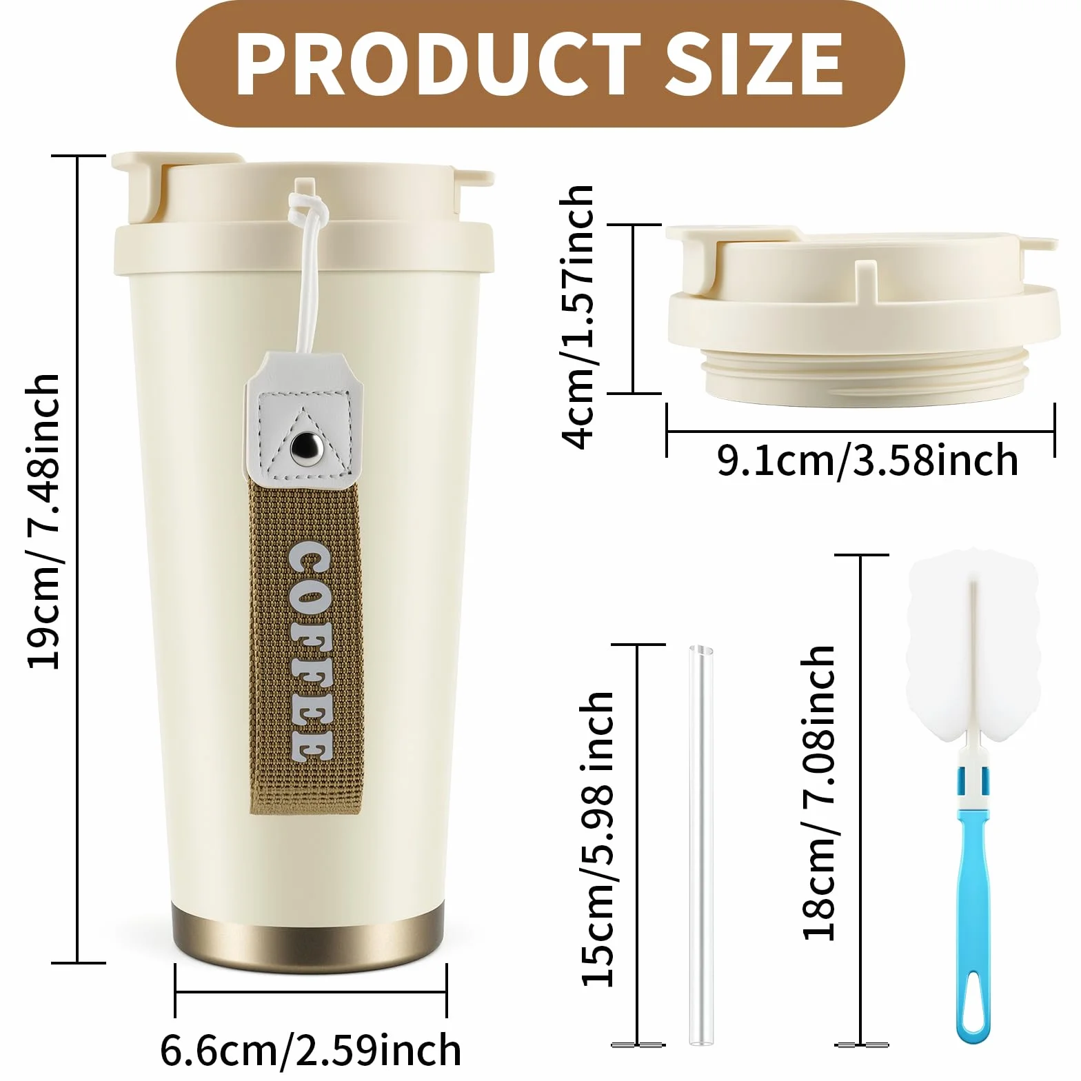 Kubek termiczny na kawę 530 ml ze stali nierdzewnej 316/304 szczelny izolowany z pokrywką i słomką